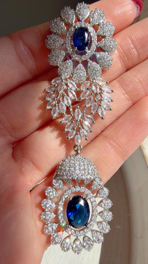 Rhodium Bridal Blue Sapphire Necklace Set with Earrings and Maang Tikka | CZ Indian Wedding Jewelry | Statement Necklace - Kajol