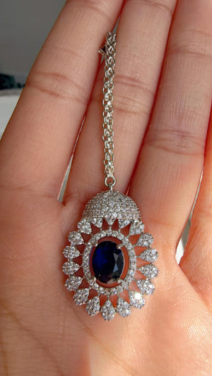 Rhodium Bridal Blue Sapphire Necklace Set with Earrings and Maang Tikka | CZ Indian Wedding Jewelry | Statement Necklace - Kajol