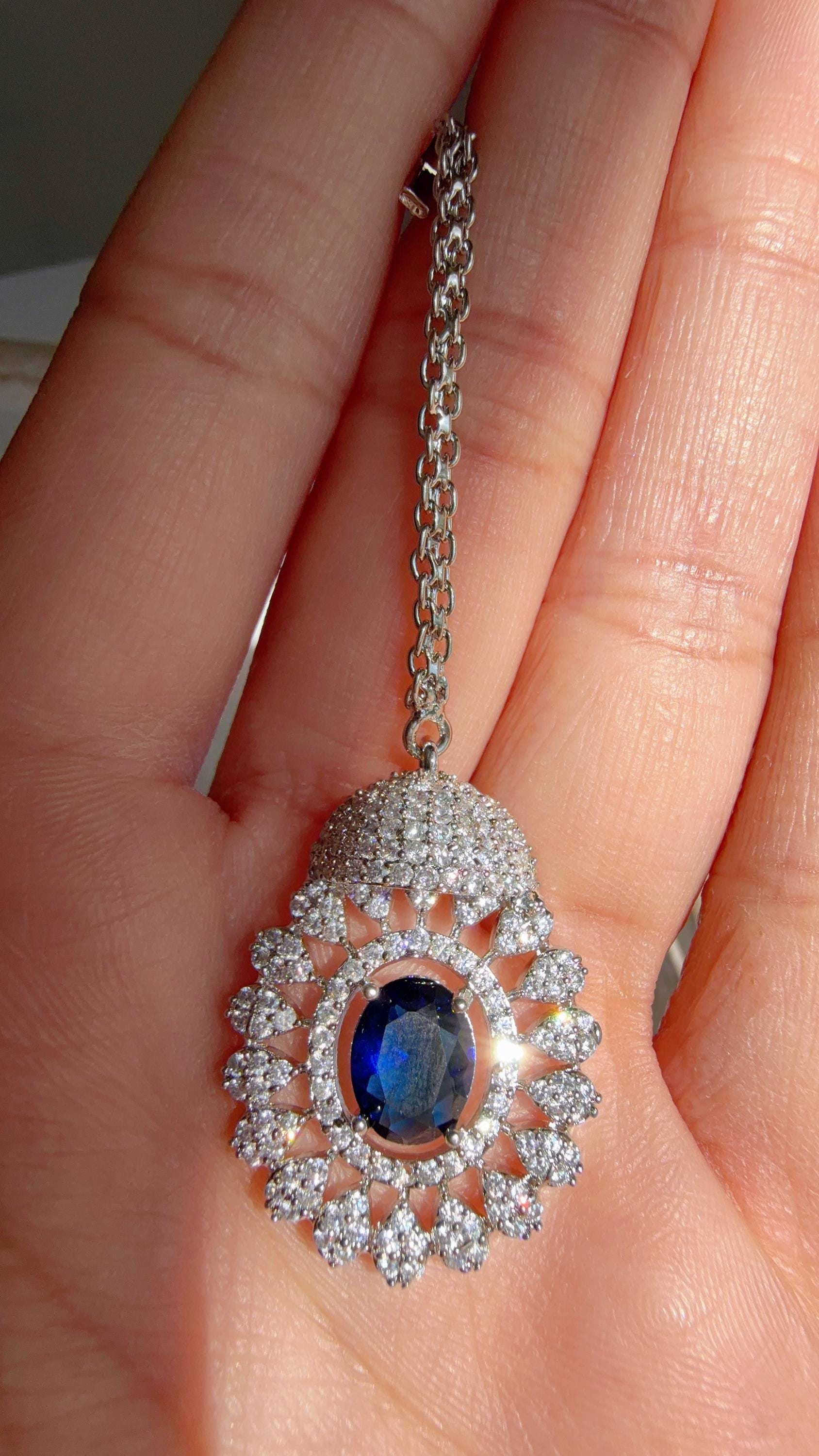 Rhodium Bridal Blue Sapphire Necklace Set with Earrings and Maang Tikka | CZ Indian Wedding Jewelry | Statement Necklace - Kajol