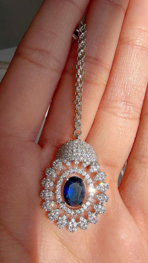 Rhodium Bridal Blue Sapphire Necklace Set with Earrings and Maang Tikka | CZ Indian Wedding Jewelry | Statement Necklace - Kajol