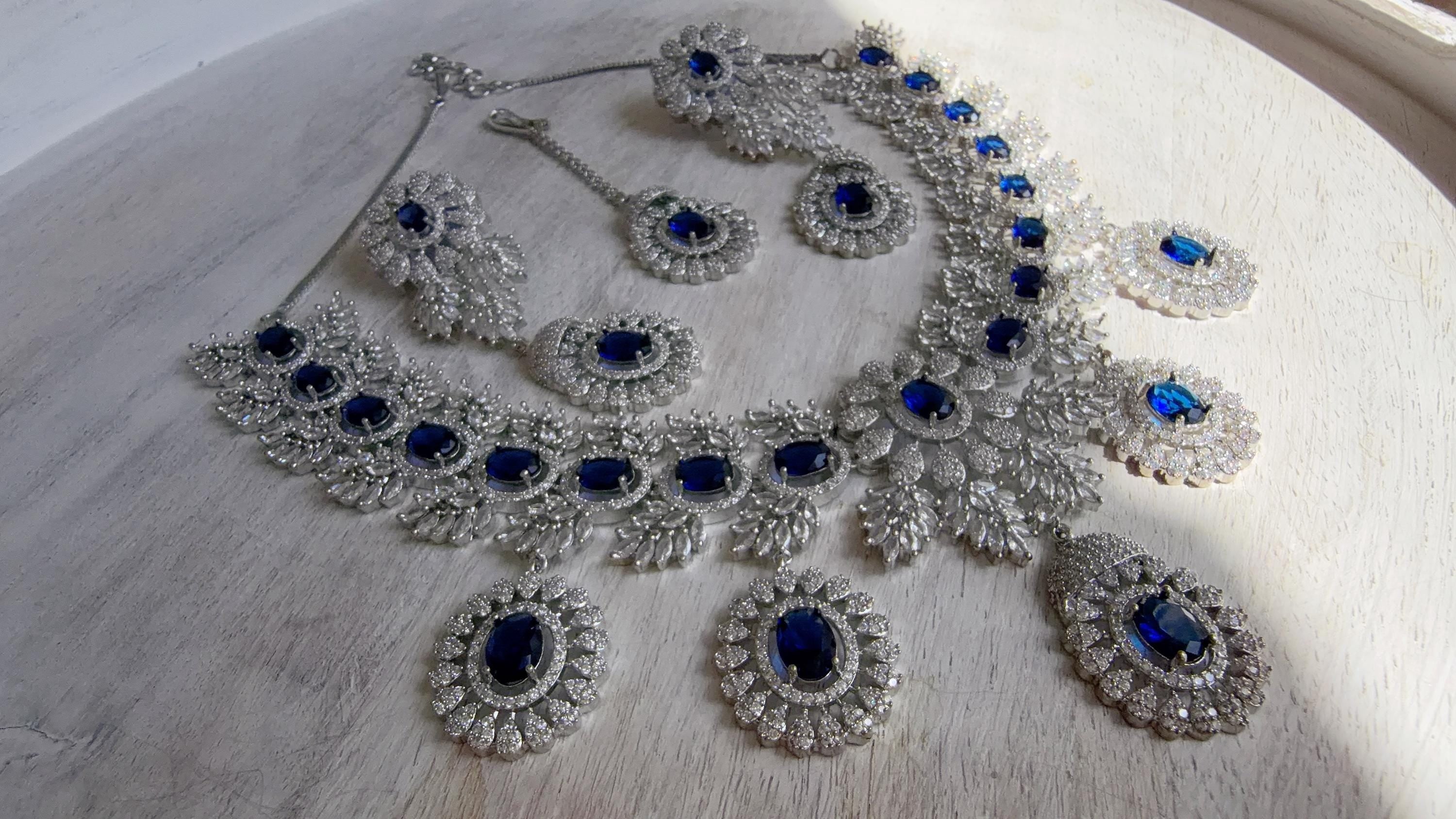 Rhodium Bridal Blue Sapphire Necklace Set with Earrings and Maang Tikka | CZ Indian Wedding Jewelry | Statement Necklace - Kajol