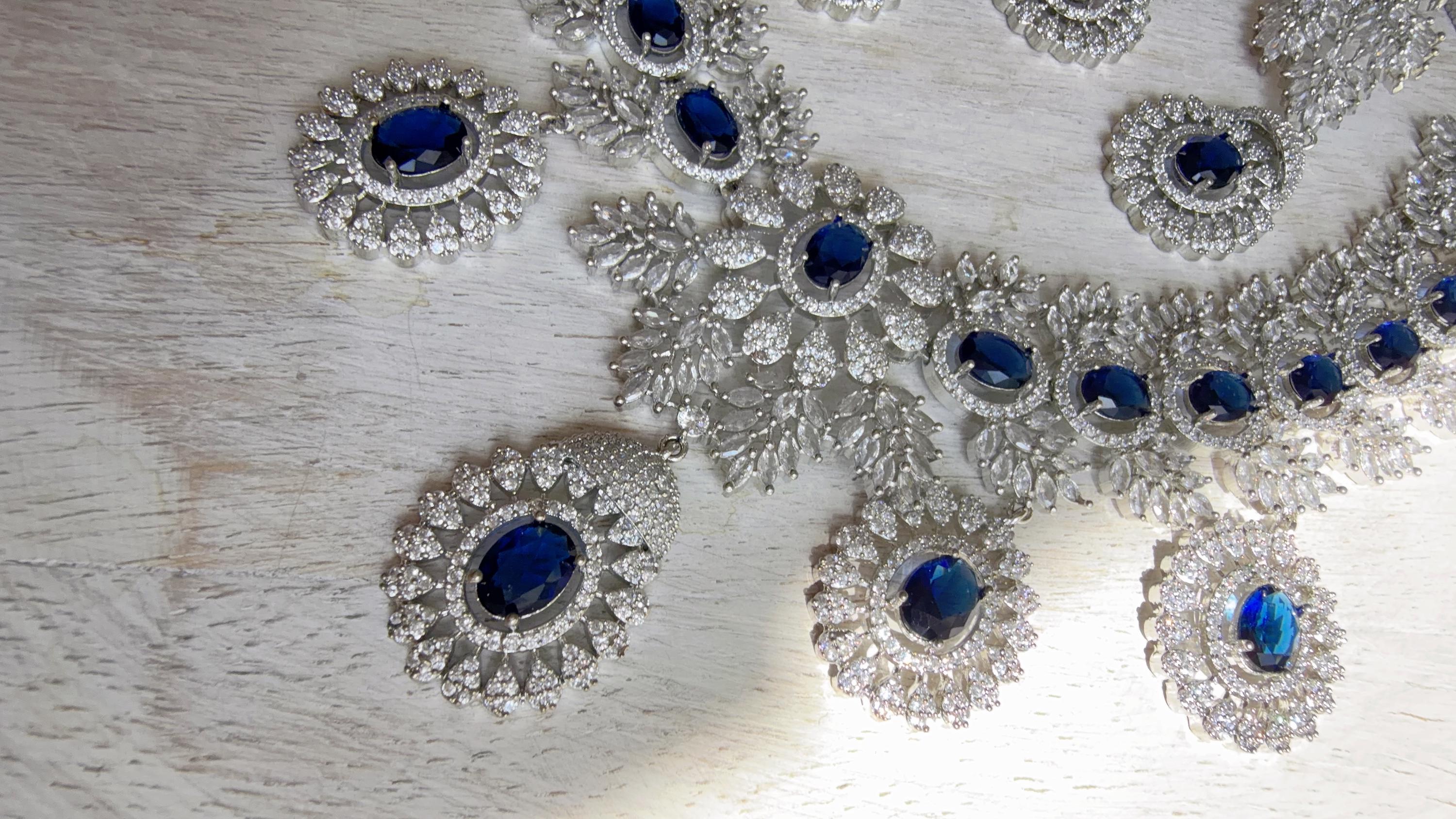 Rhodium Bridal Blue Sapphire Necklace Set with Earrings and Maang Tikka | CZ Indian Wedding Jewelry | Statement Necklace - Kajol