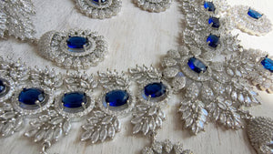 Rhodium Bridal Blue Sapphire Necklace Set with Earrings and Maang Tikka | CZ Indian Wedding Jewelry | Statement Necklace - Kajol