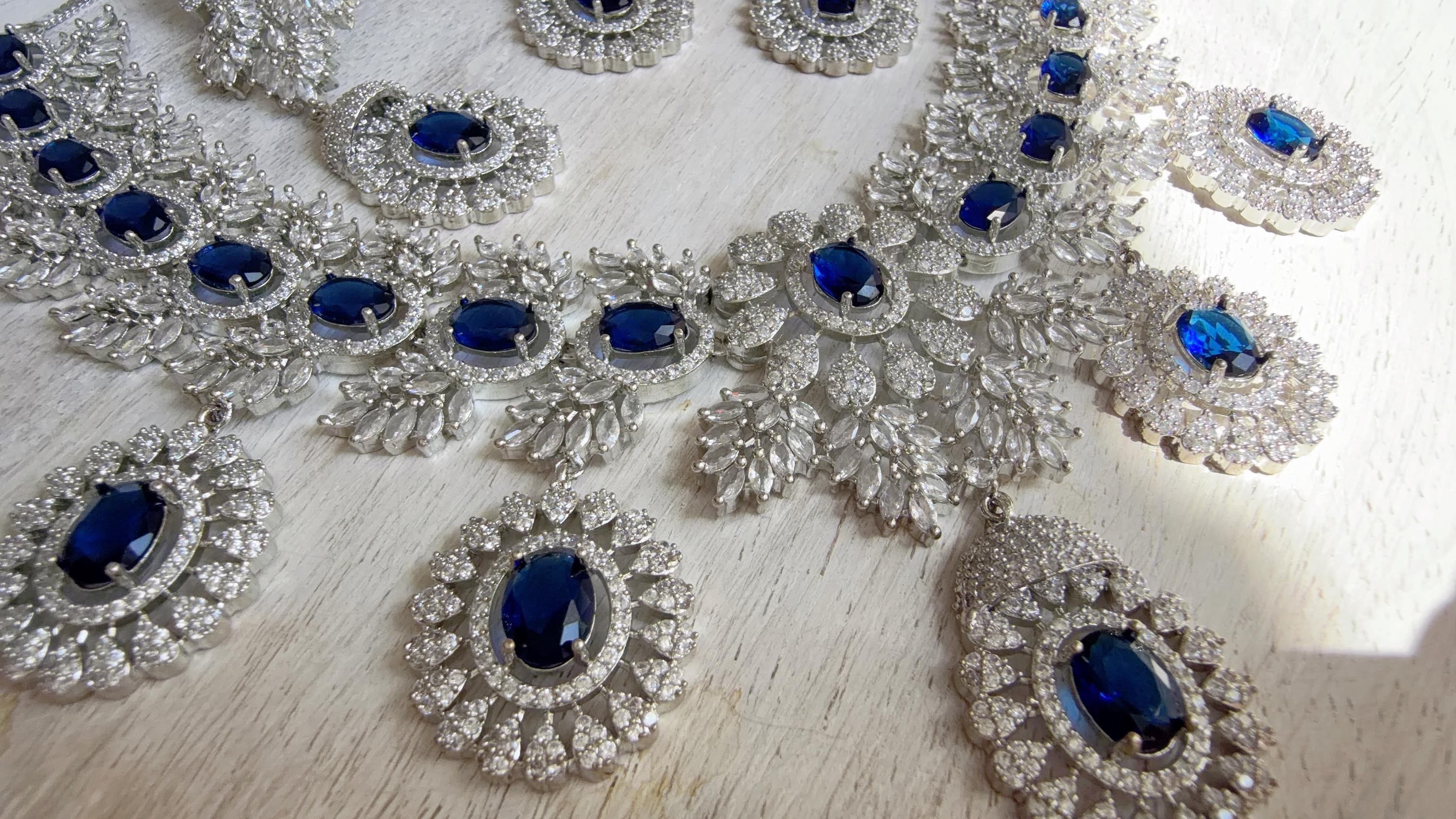 Rhodium Bridal Blue Sapphire Necklace Set with Earrings and Maang Tikka | CZ Indian Wedding Jewelry | Statement Necklace - Kajol