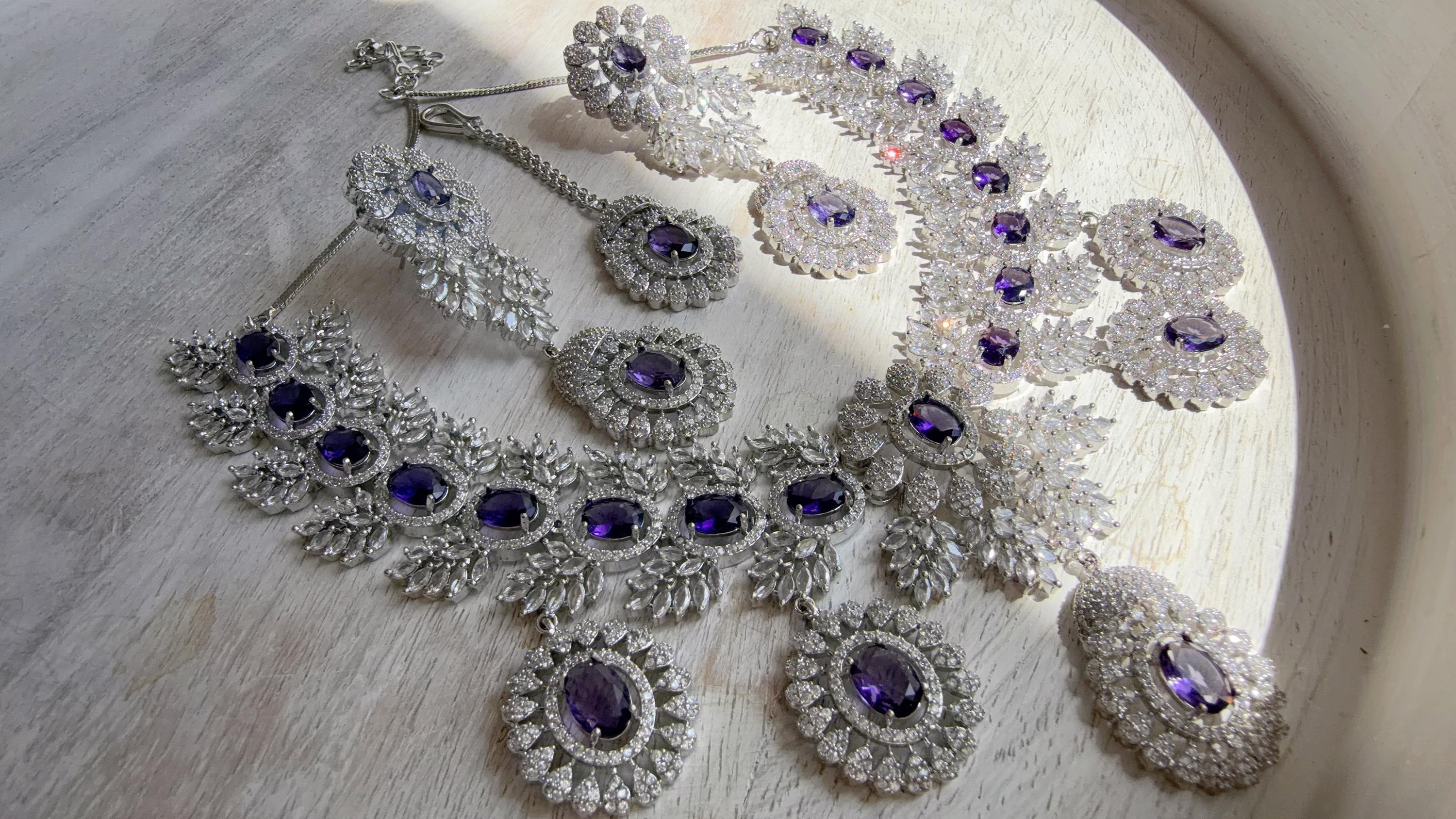Rhodium Bridal Purple Necklace Set with Earrings and Maang Tikka | CZ Indian Wedding Jewelry | Statement Necklace - Kajol