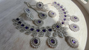 Rhodium Bridal Purple Necklace Set with Earrings and Maang Tikka | CZ Indian Wedding Jewelry | Statement Necklace - Kajol