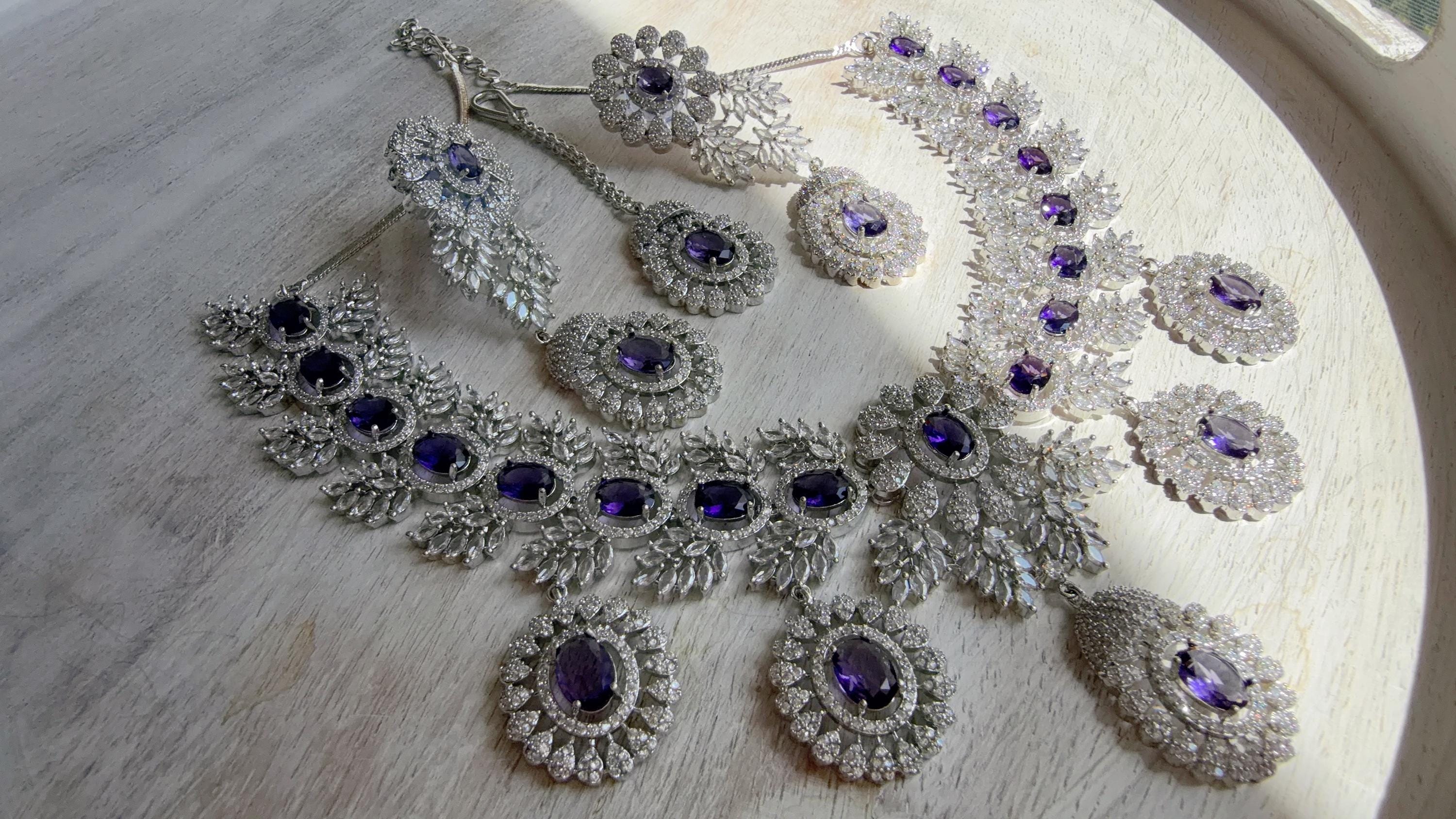 Rhodium Bridal Purple Necklace Set with Earrings and Maang Tikka | CZ Indian Wedding Jewelry | Statement Necklace - Kajol