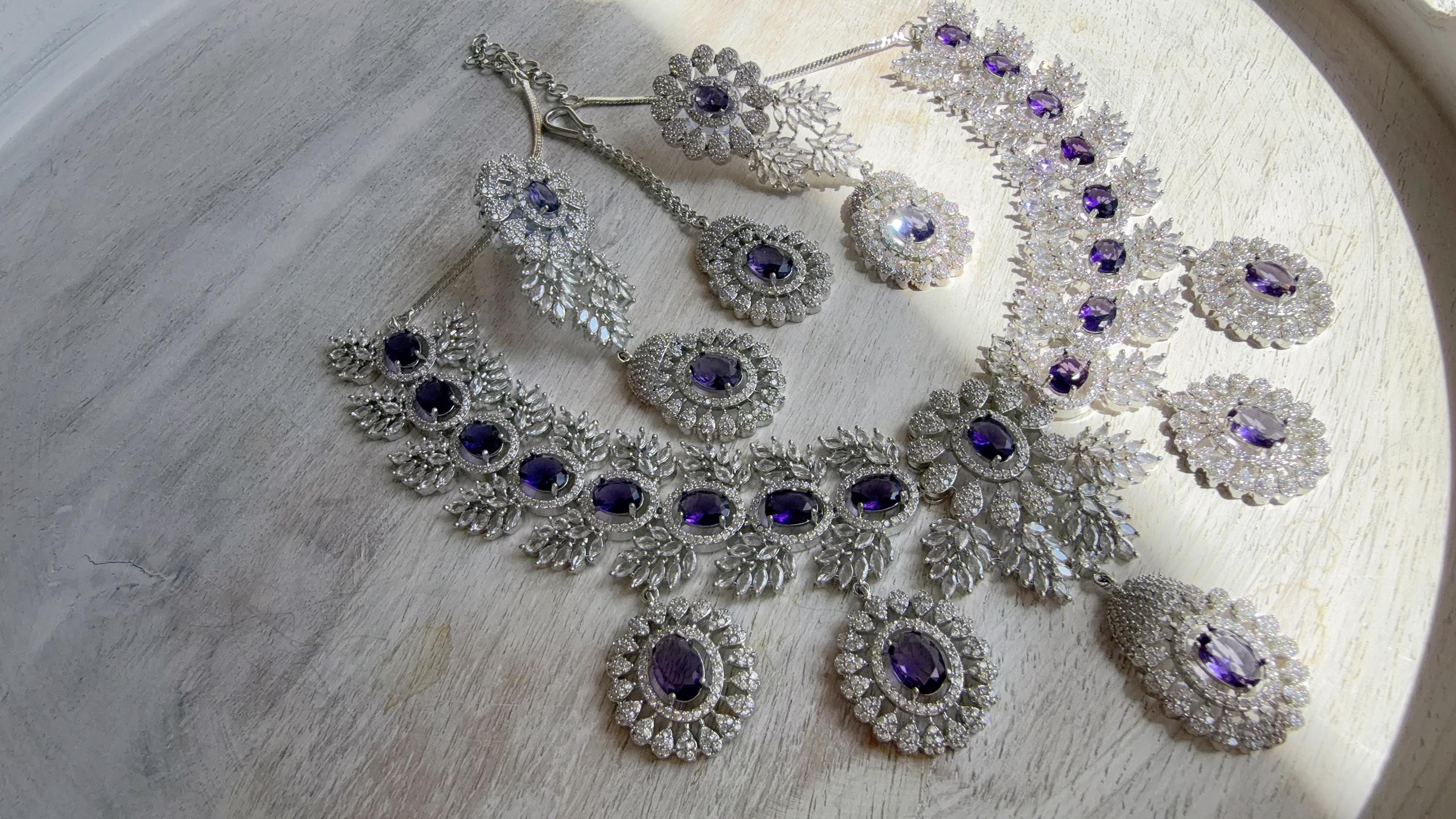 Rhodium Bridal Purple Necklace Set with Earrings and Maang Tikka | CZ Indian Wedding Jewelry | Statement Necklace - Kajol