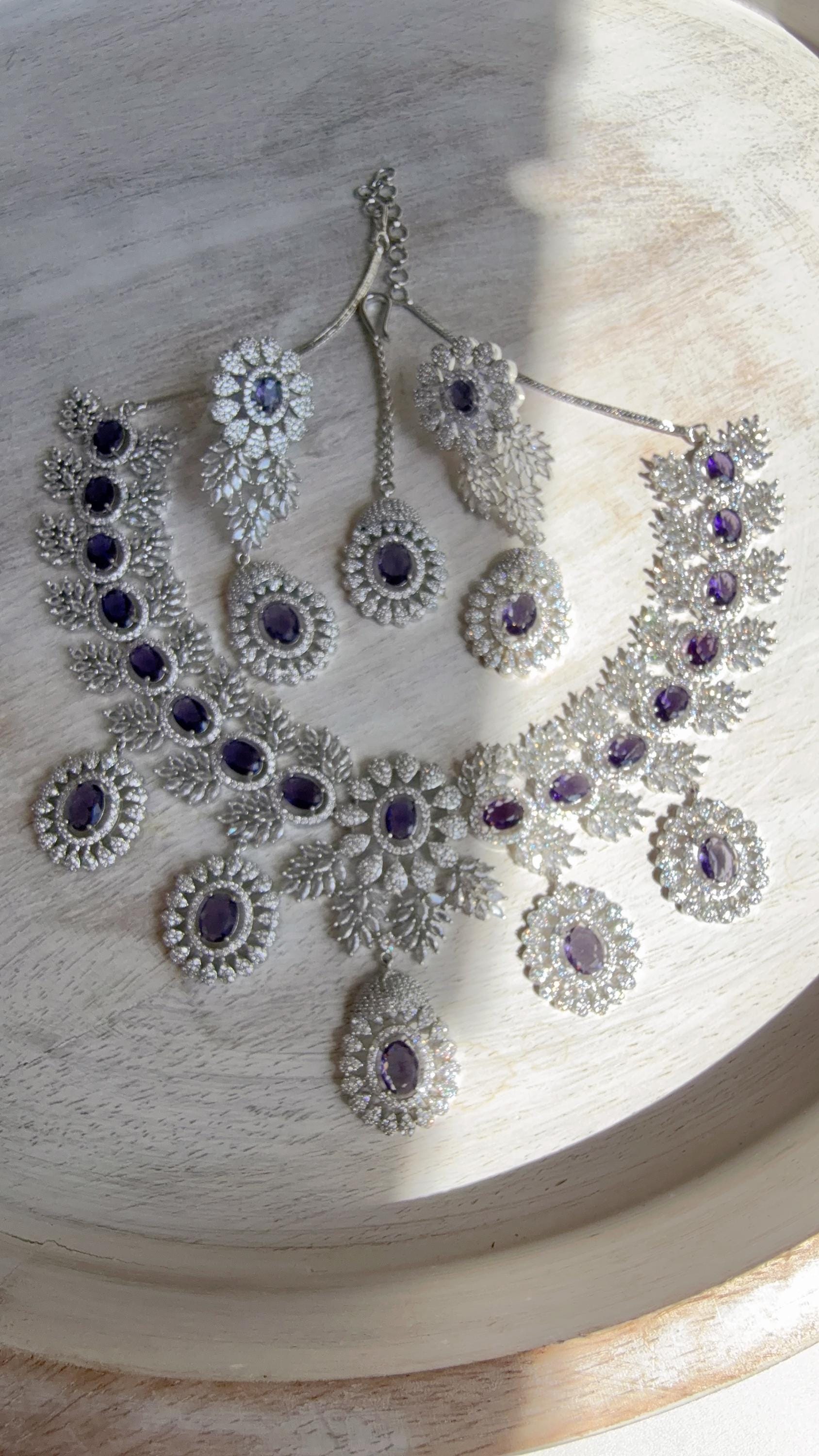 Rhodium Bridal Purple Necklace Set with Earrings and Maang Tikka | CZ Indian Wedding Jewelry | Statement Necklace - Kajol