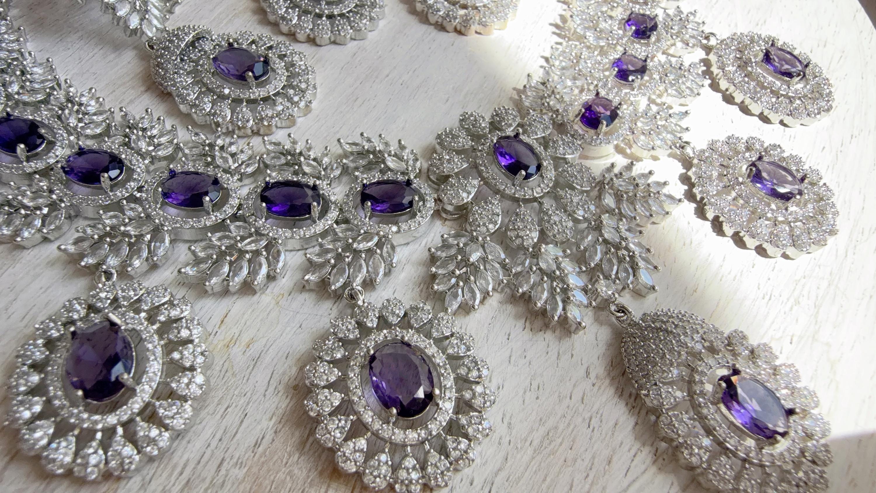 Rhodium Bridal Purple Necklace Set with Earrings and Maang Tikka | CZ Indian Wedding Jewelry | Statement Necklace - Kajol
