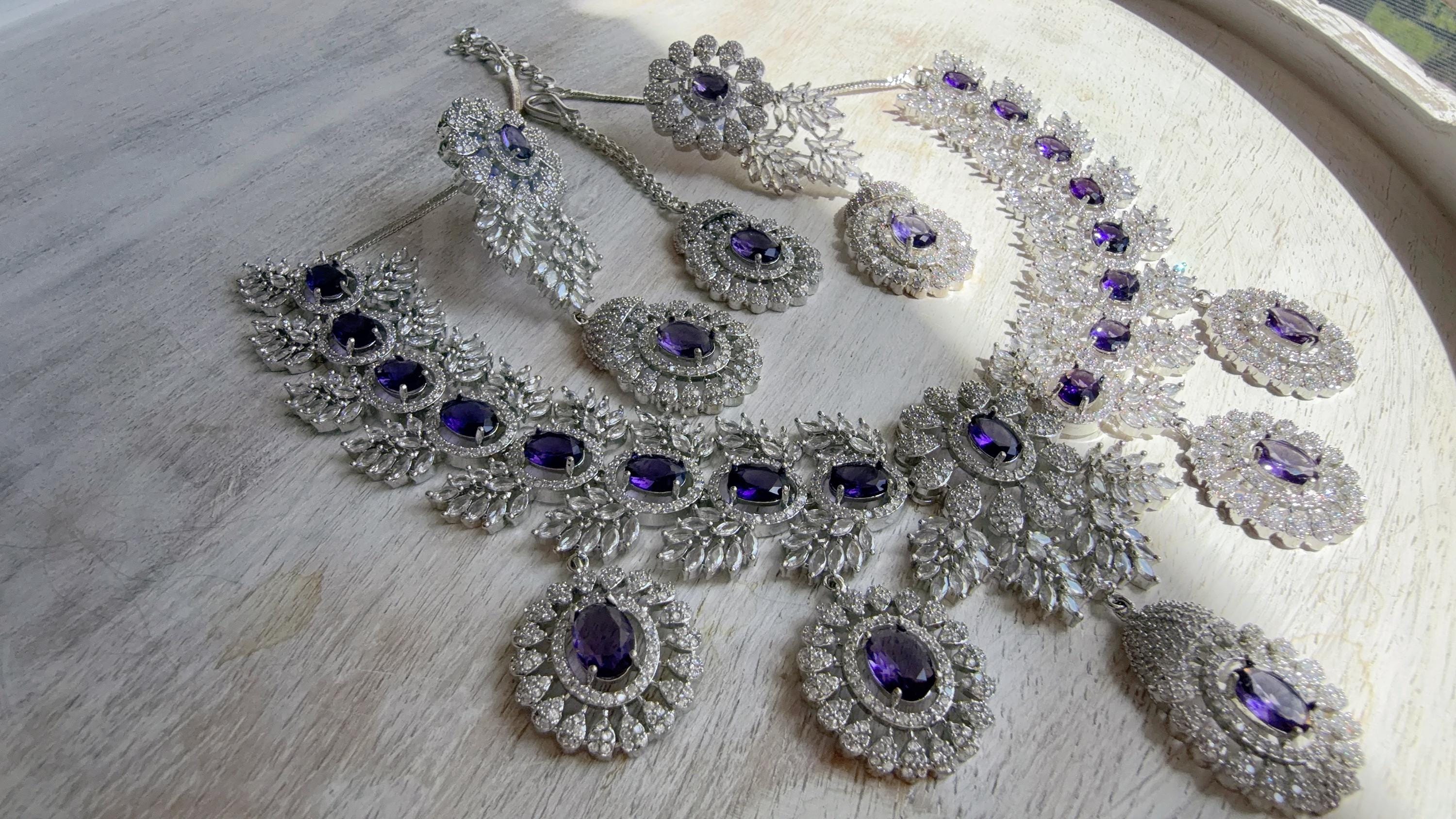 Rhodium Bridal Purple Necklace Set with Earrings and Maang Tikka | CZ Indian Wedding Jewelry | Statement Necklace - Kajol