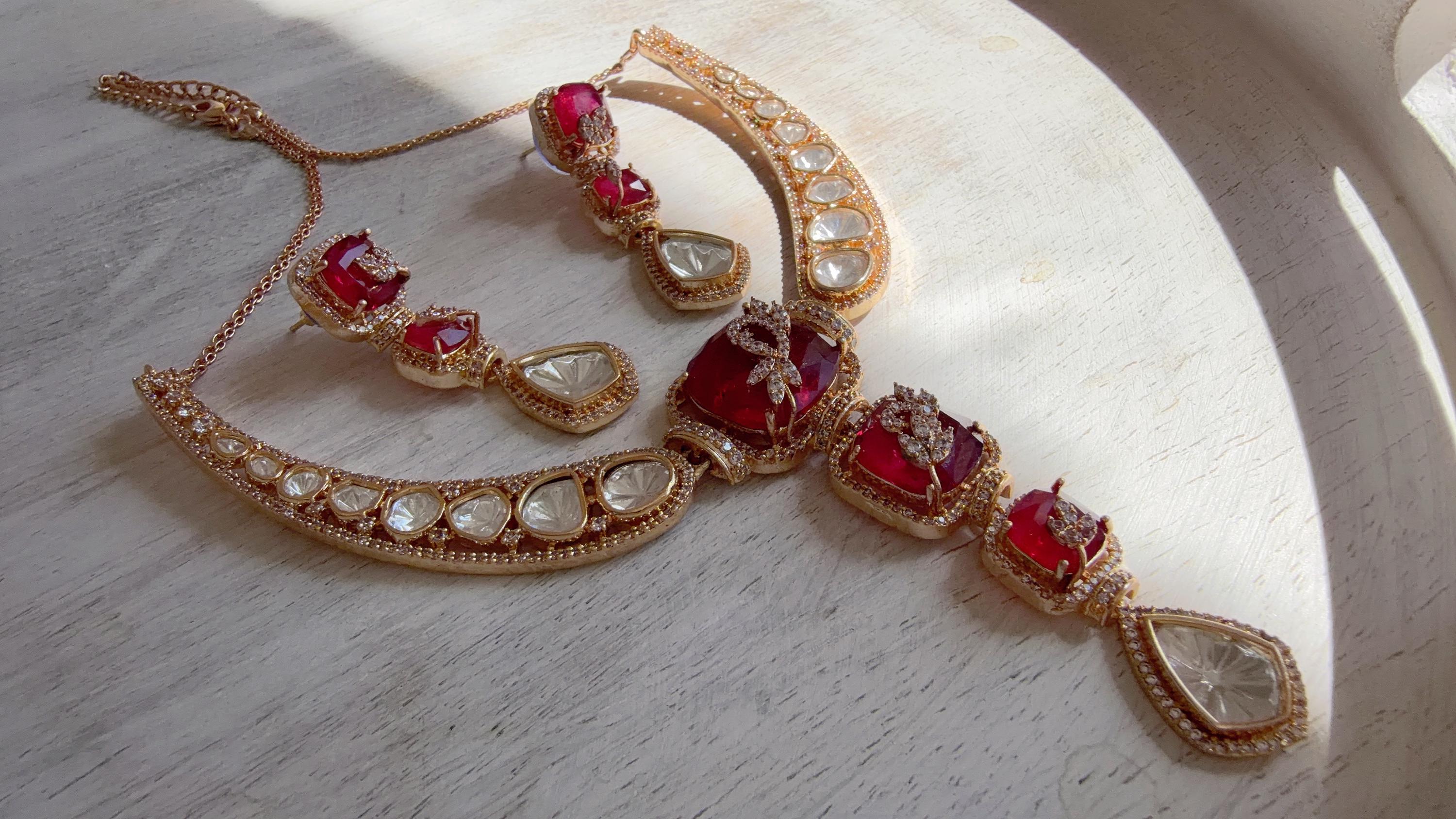 Classical Modern Kundan Ruby Hasli Necklace Set | Indian Bridal Hasli | Statement Wedding Jewelry - Niyati