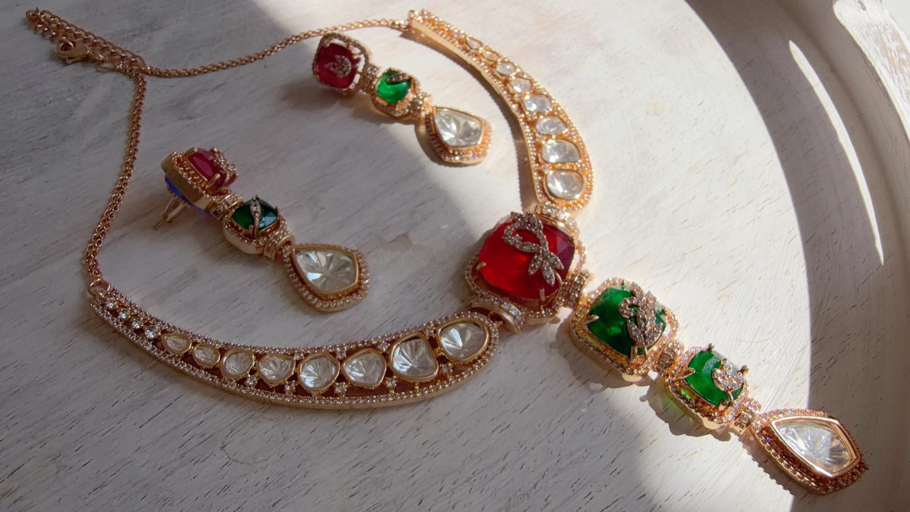 Classical Modern Kundan Ruby Green Hasli Necklace Set | Indian Bridal Hasli | Statement Wedding Jewelry - Niyati