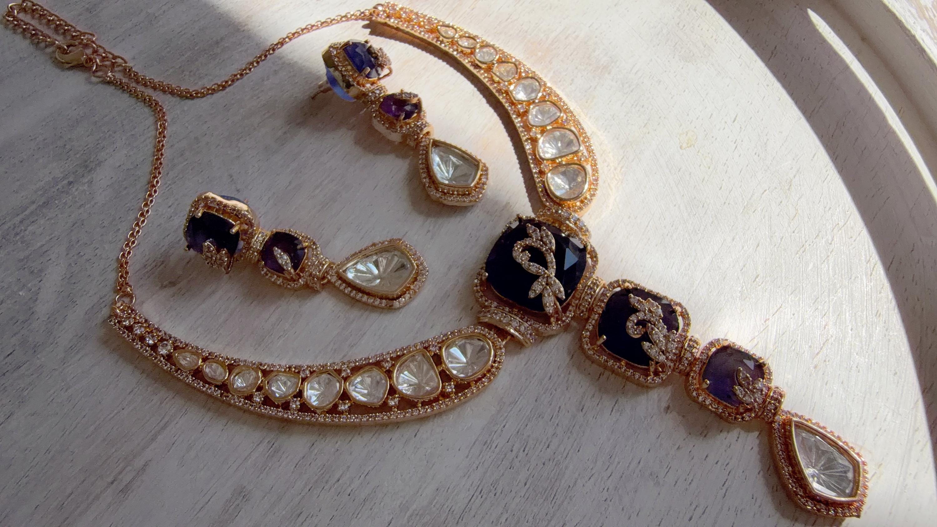 Classical Modern Kundan Blue Purple Hasli Necklace Set | Indian Bridal Hasli | Statement Wedding Jewelry - Niyati