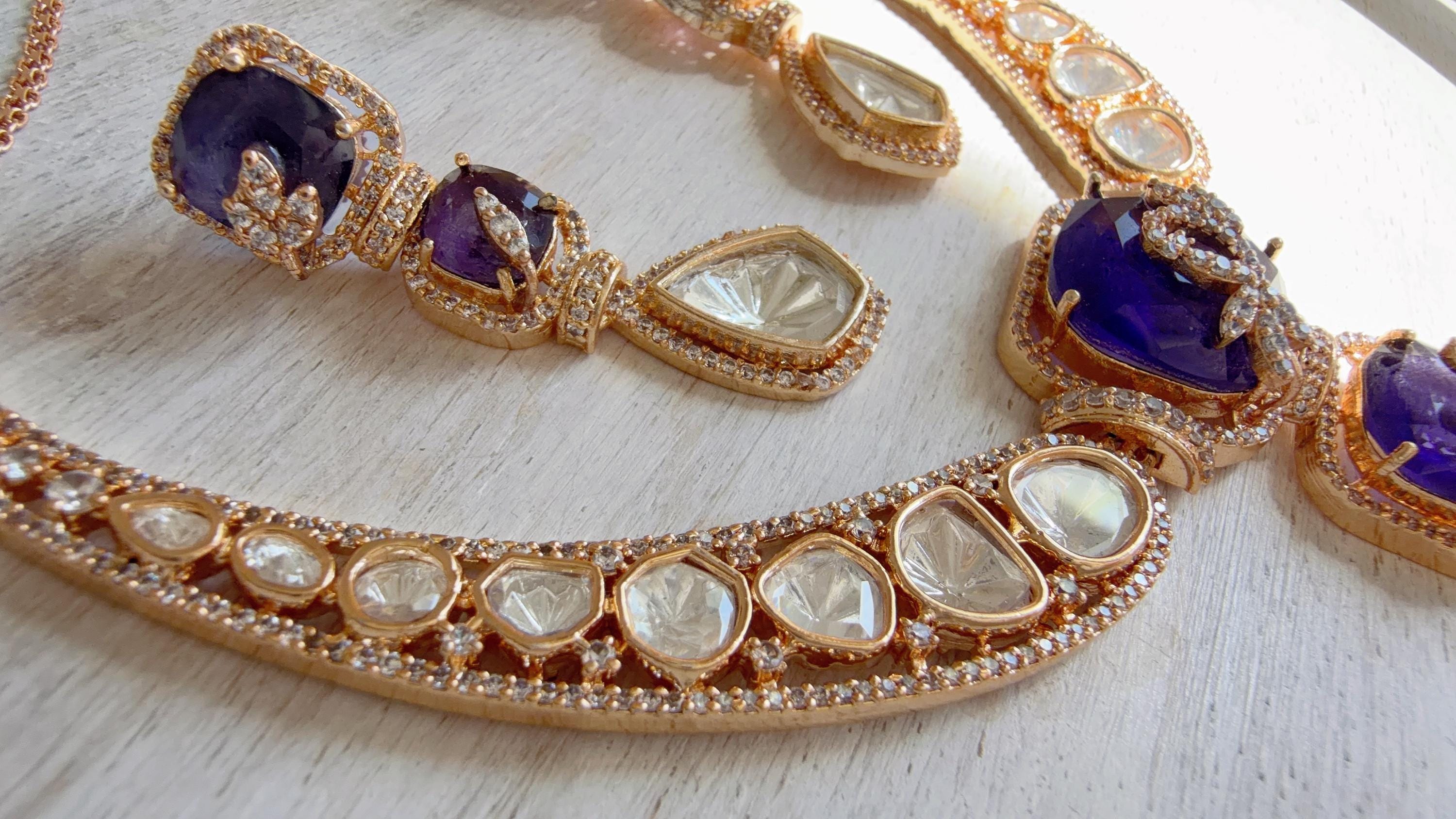 Classical Modern Kundan Blue Purple Hasli Necklace Set | Indian Bridal Hasli | Statement Wedding Jewelry - Niyati