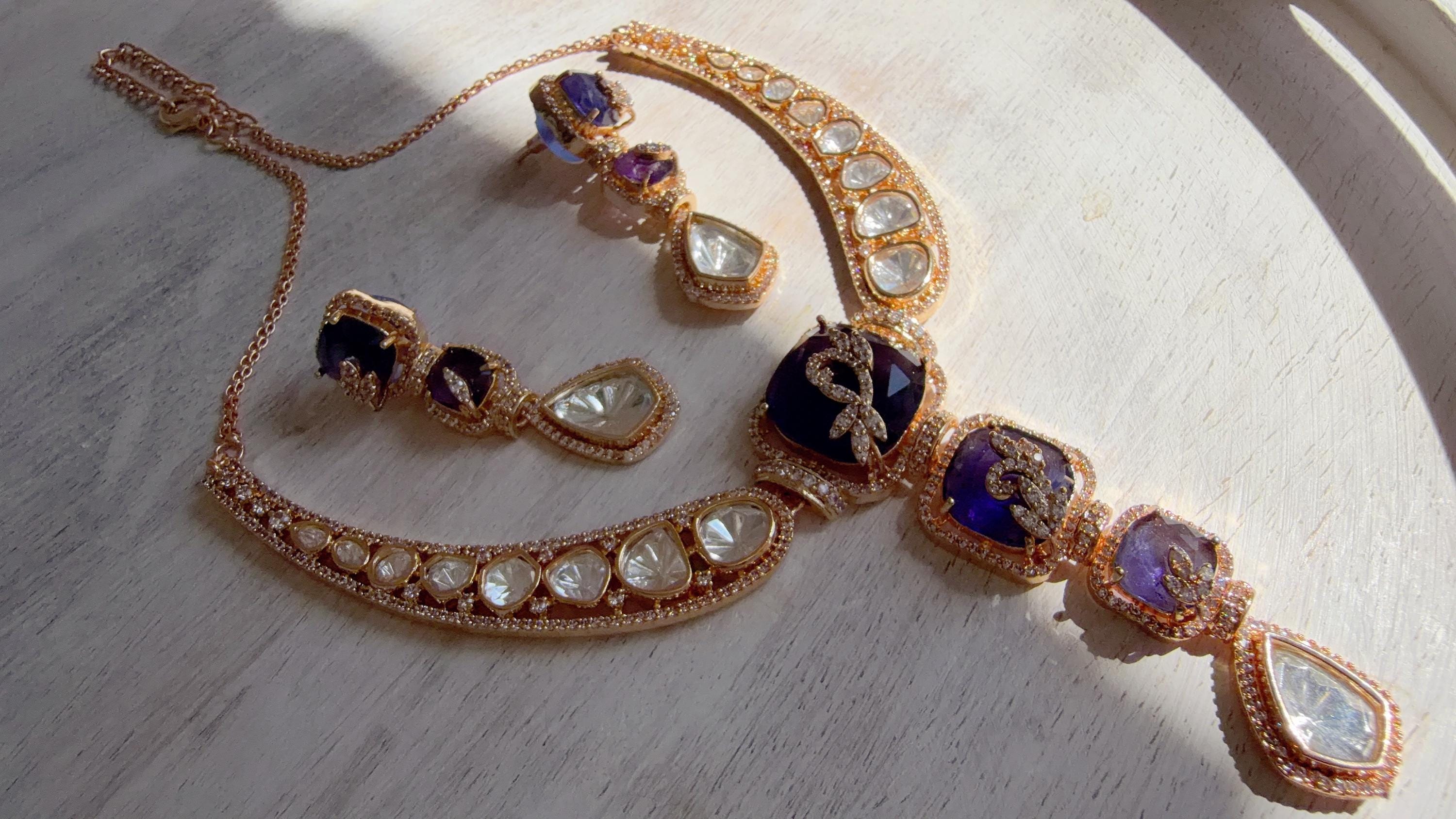 Classical Modern Kundan Blue Purple Hasli Necklace Set | Indian Bridal Hasli | Statement Wedding Jewelry - Niyati