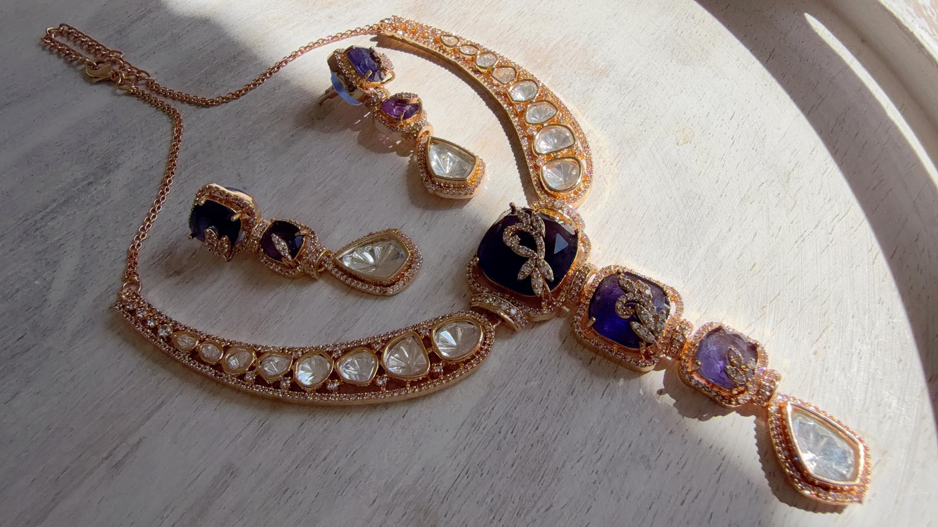 Classical Modern Kundan Blue Purple Hasli Necklace Set | Indian Bridal Hasli | Statement Wedding Jewelry - Niyati