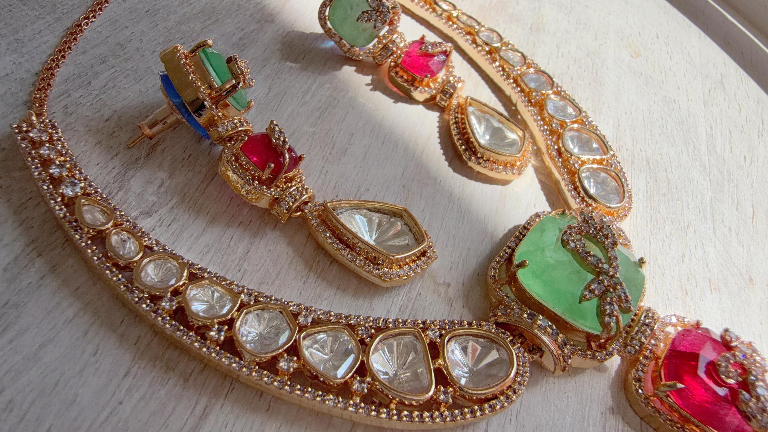 Classical Modern Kundan Mint Ruby Hasli Necklace Set | Indian Bridal Hasli | Statement Wedding Jewelry - Niyati