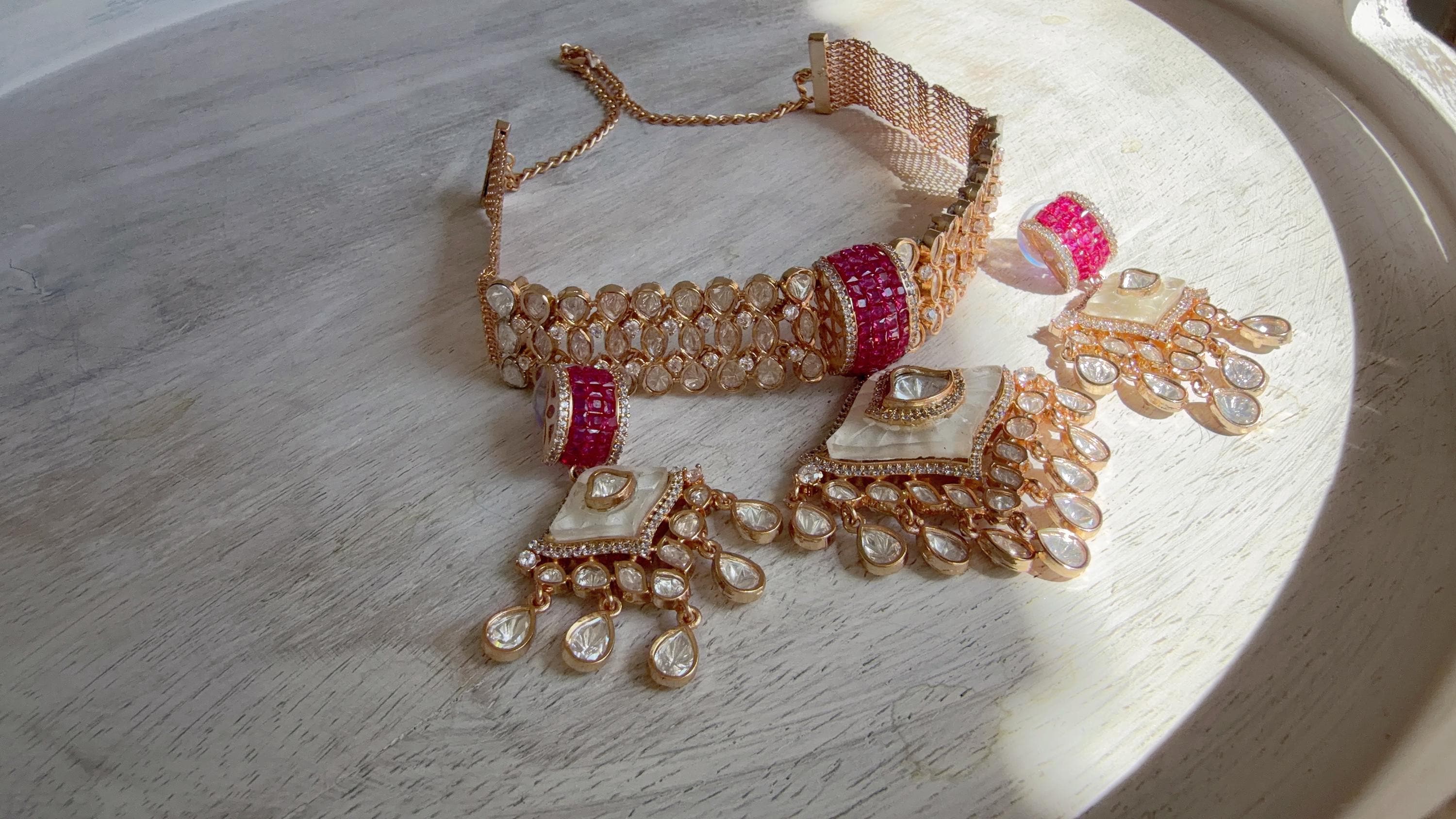 Bridal Mother of Pearl Moissanite Choker Necklace Set | Kundan Moissanite Wedding Jewelry | Indian Bridal Necklace Set - Deane