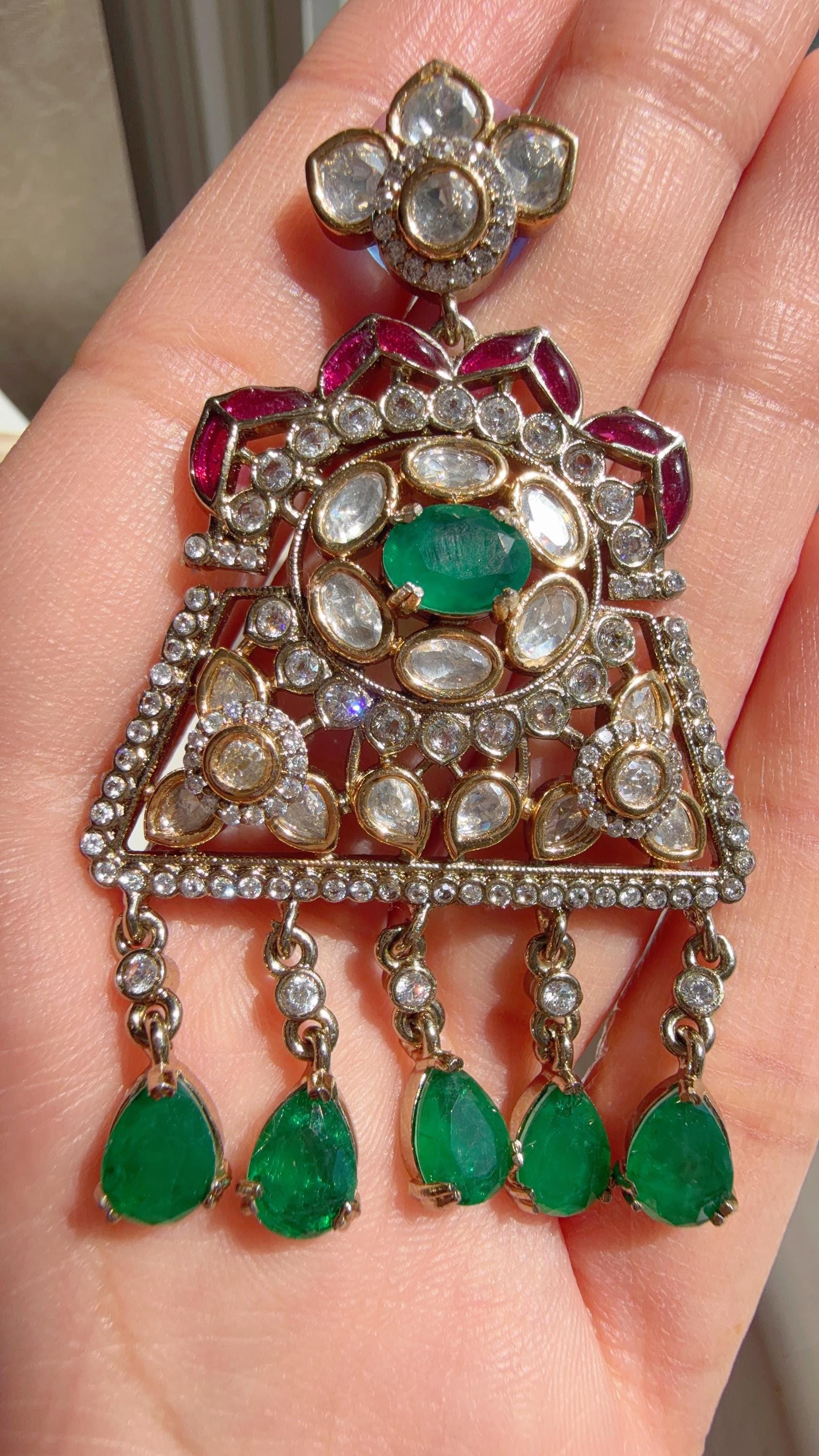 Green Long Victorian Stone Bridal Necklace Set | Moissanite Polki Kundan Necklace | Indian Wedding Jewelry | Statement Necklace - Anna