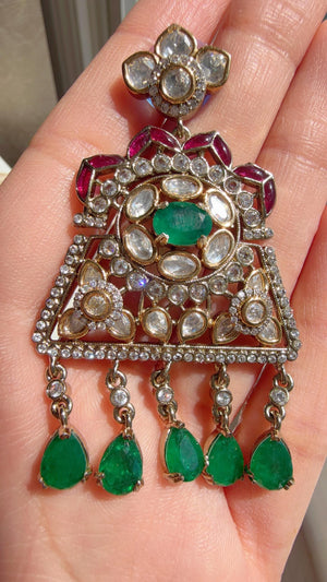 Green Long Victorian Stone Bridal Necklace Set | Moissanite Polki Kundan Necklace | Indian Wedding Jewelry | Statement Necklace - Anna