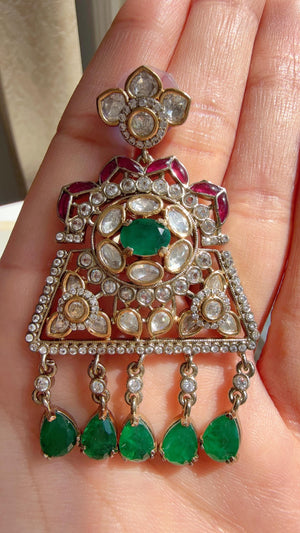 Green Long Victorian Stone Bridal Necklace Set | Moissanite Polki Kundan Necklace | Indian Wedding Jewelry | Statement Necklace - Anna