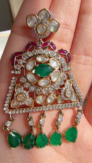 Green Long Victorian Stone Bridal Necklace Set | Moissanite Polki Kundan Necklace | Indian Wedding Jewelry | Statement Necklace - Anna