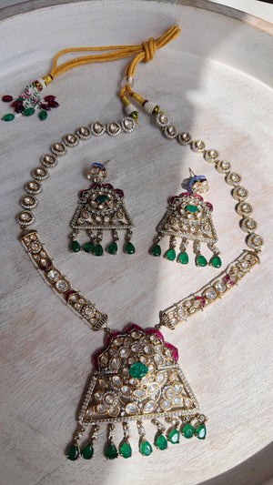 Green Long Victorian Stone Bridal Necklace Set | Moissanite Polki Kundan Necklace | Indian Wedding Jewelry | Statement Necklace - Anna