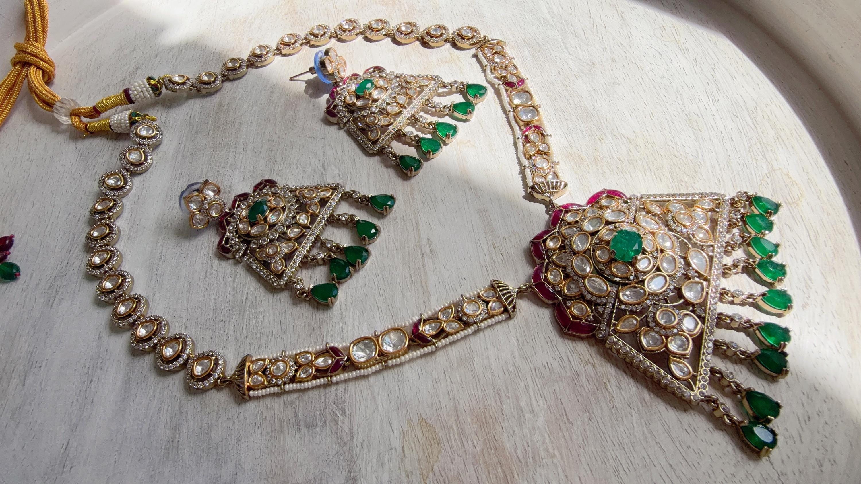 Green Long Victorian Stone Bridal Necklace Set | Moissanite Polki Kundan Necklace | Indian Wedding Jewelry | Statement Necklace - Anna