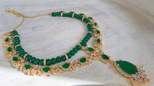Emerald Green 2 Layer Two-Tone CZ Diamond Necklace Set | Double Strand Bridal Necklace with Matching Earrings - Bella