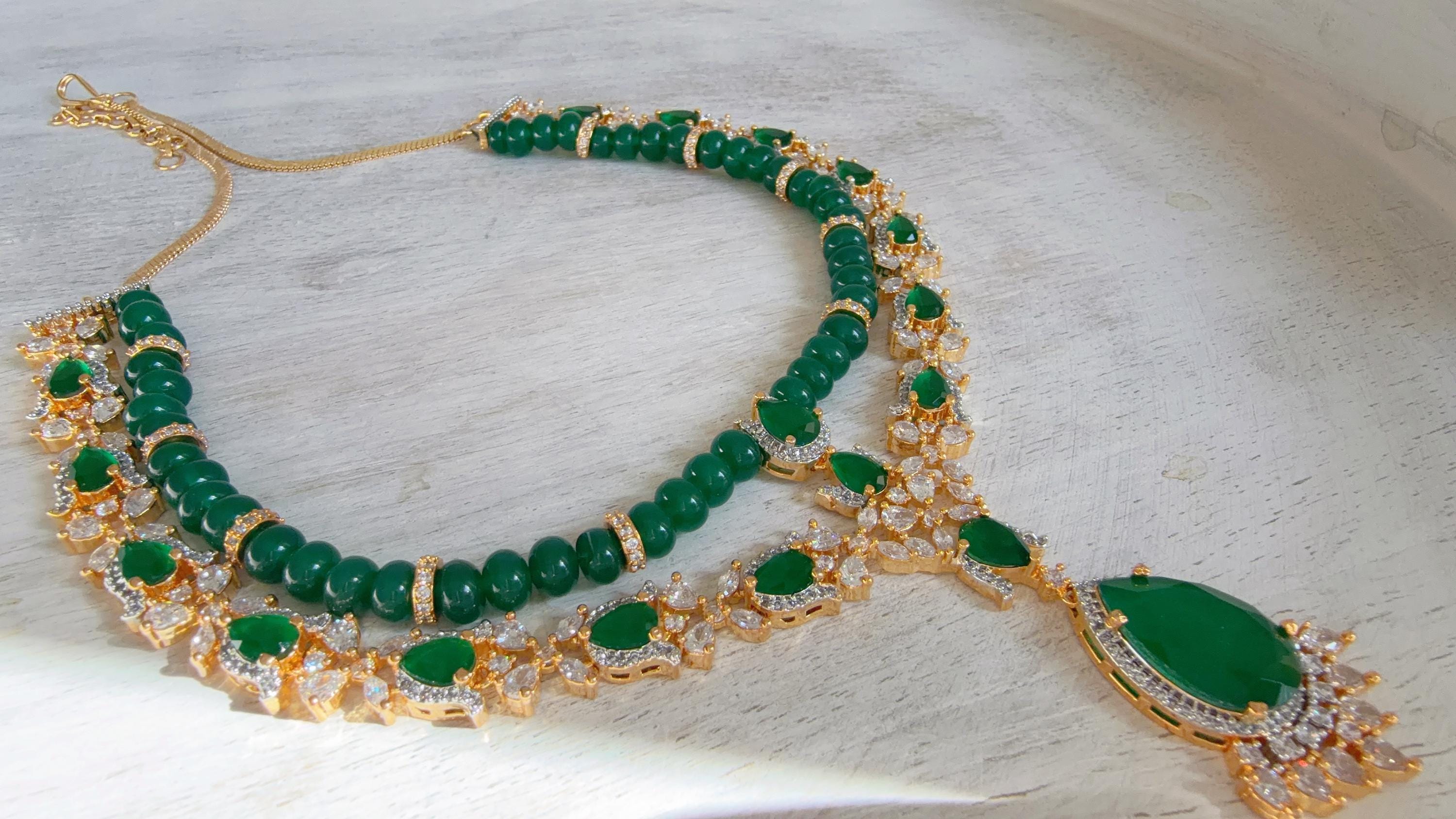 Emerald Green 2 Layer Two-Tone CZ Diamond Necklace Set | Double Strand Bridal Necklace with Matching Earrings - Bella