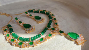 Emerald Green 2 Layer Two-Tone CZ Diamond Necklace Set | Double Strand Bridal Necklace with Matching Earrings - Bella