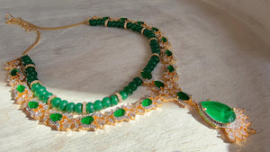 Emerald Green 2 Layer Two-Tone CZ Diamond Necklace Set | Double Strand Bridal Necklace with Matching Earrings - Bella