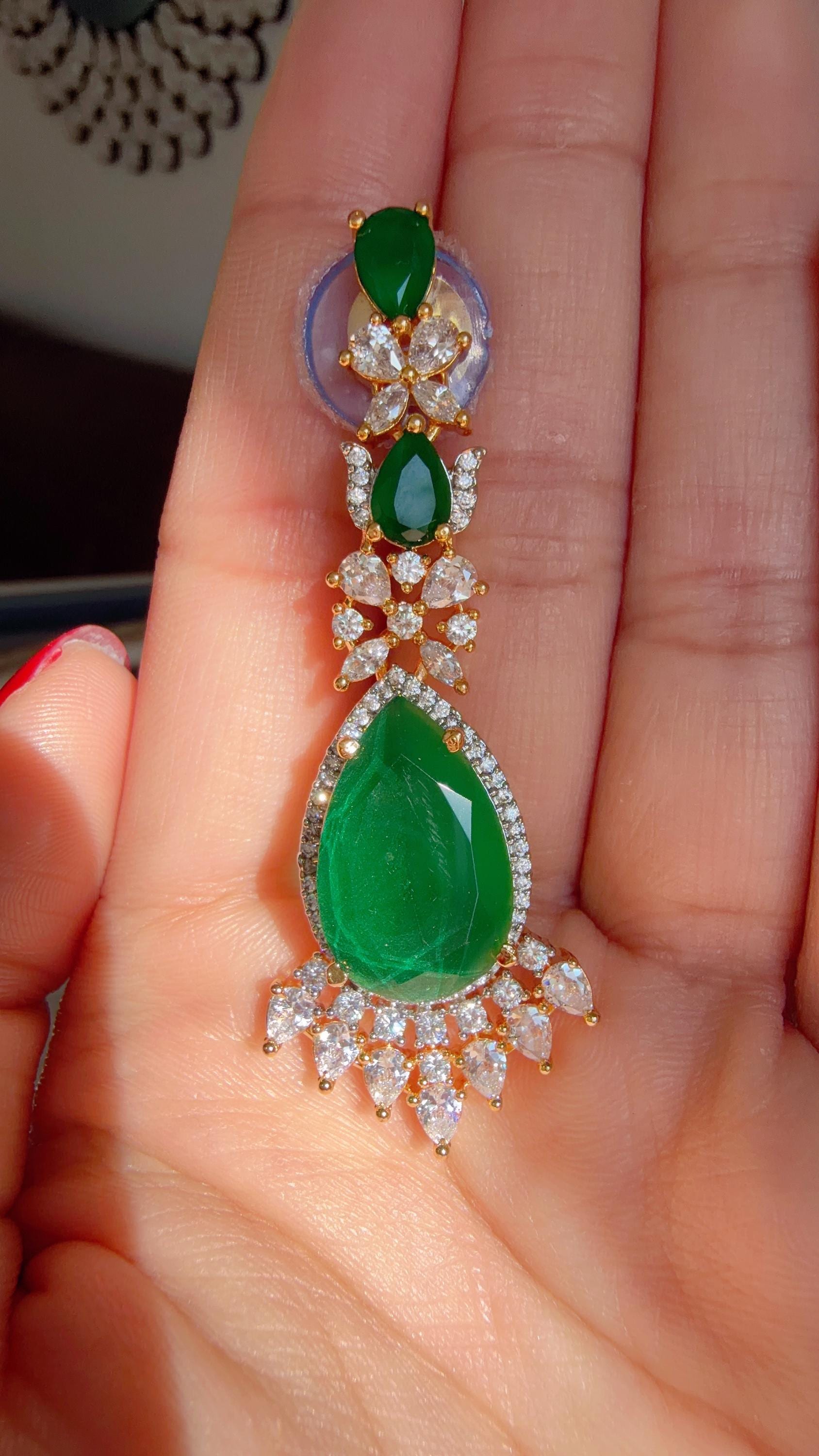 Emerald Green 2 Layer Two-Tone CZ Diamond Necklace Set | Double Strand Bridal Necklace with Matching Earrings - Bella