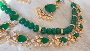 Emerald Green 2 Layer Two-Tone CZ Diamond Necklace Set | Double Strand Bridal Necklace with Matching Earrings - Bella