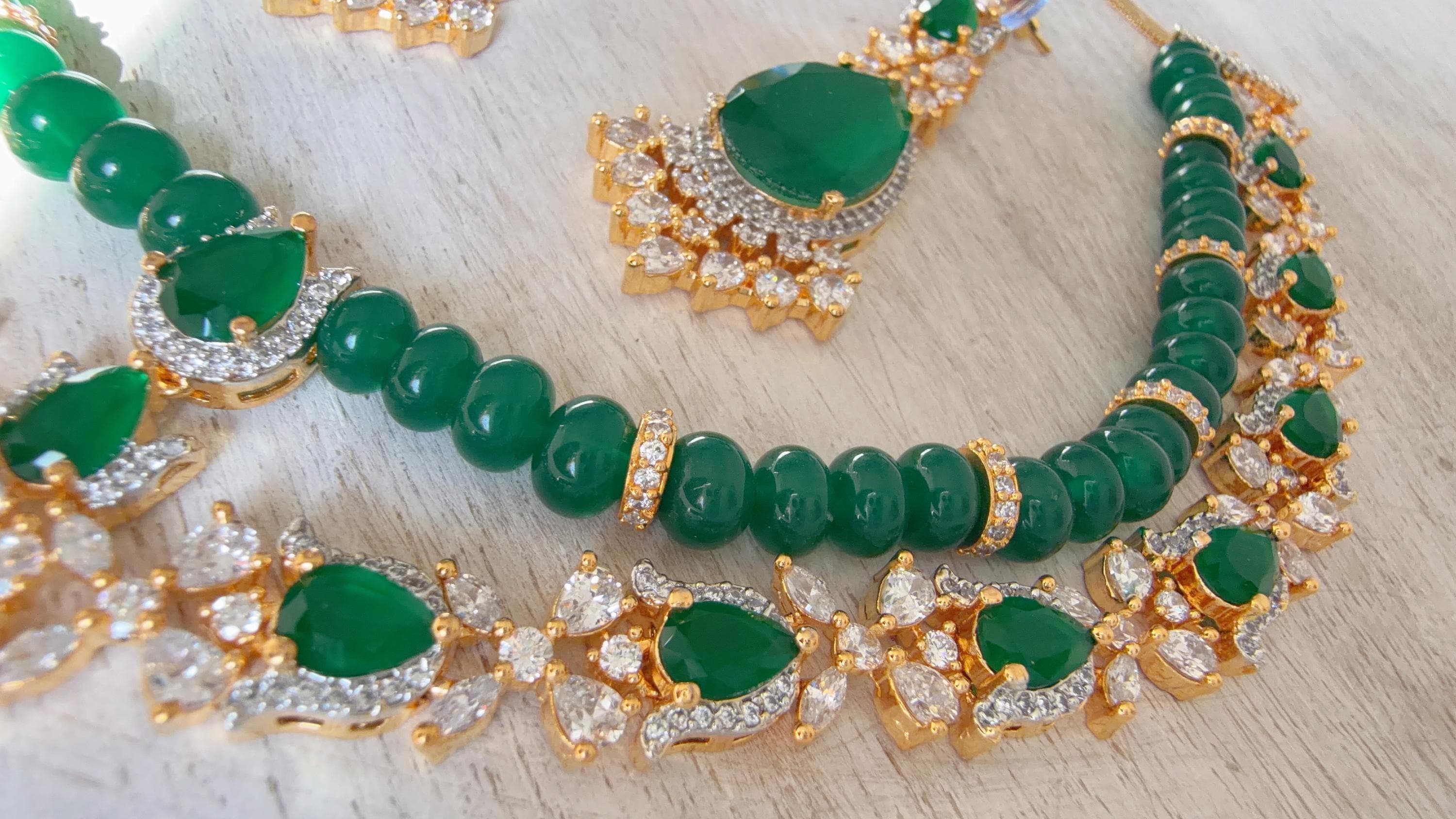 Emerald Green 2 Layer Two-Tone CZ Diamond Necklace Set | Double Strand Bridal Necklace with Matching Earrings - Bella