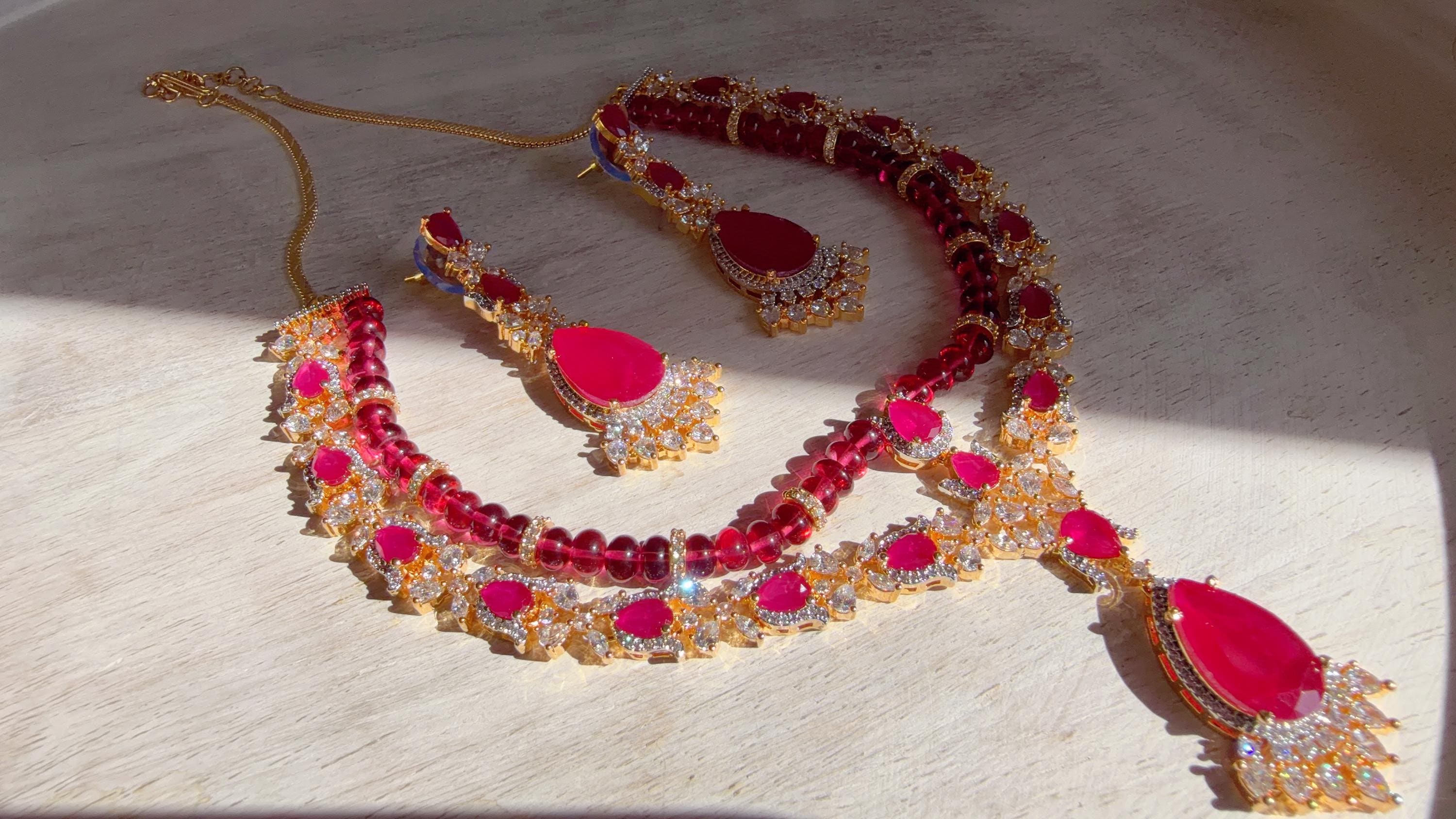 Ruby 2 Layer Two-Tone CZ Diamond Necklace Set | Double Strand Bridal Necklace with Matching Earrings - Bella