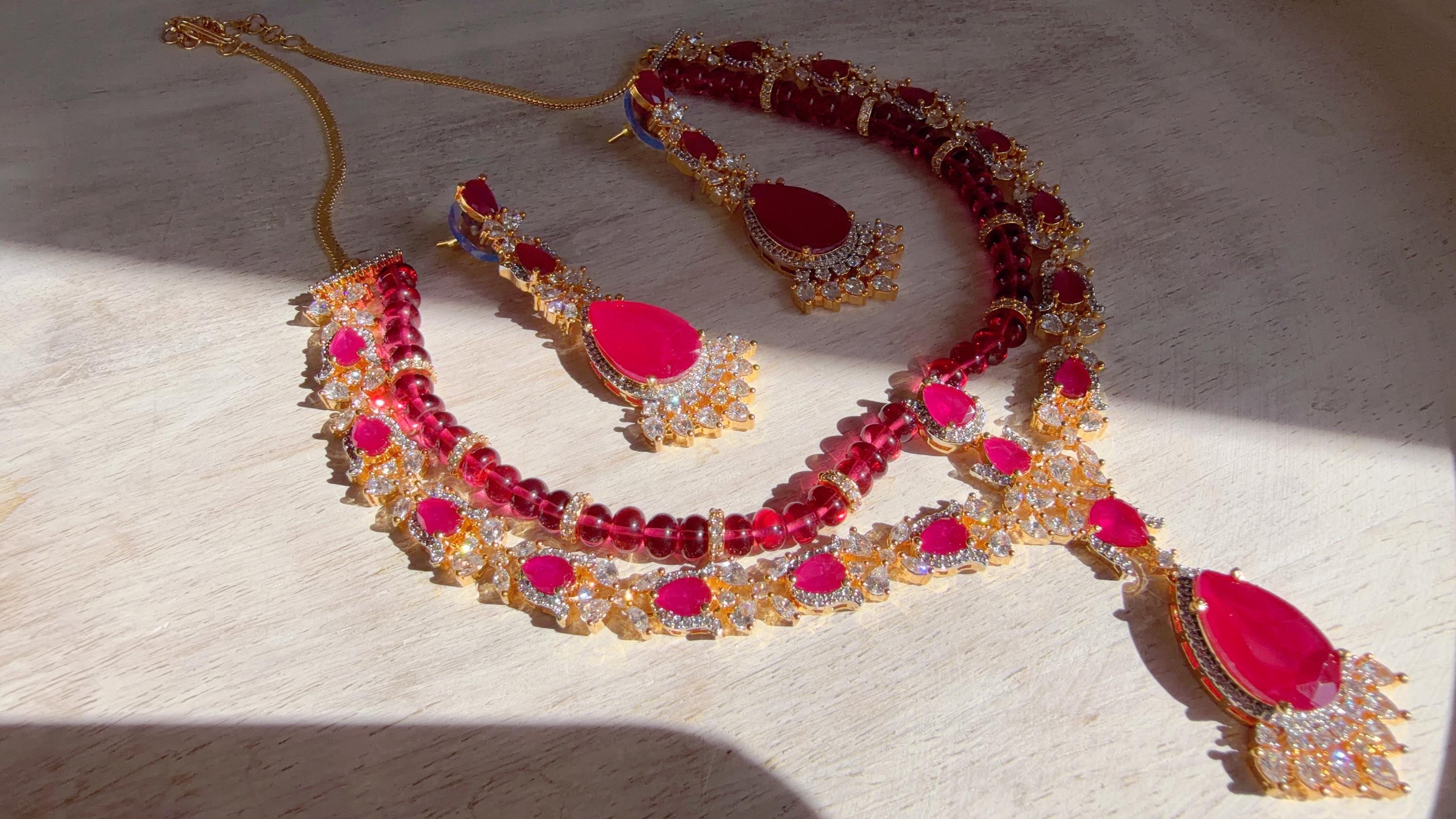 Ruby 2 Layer Two-Tone CZ Diamond Necklace Set | Double Strand Bridal Necklace with Matching Earrings - Bella