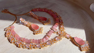 Baby Pink 2 Layer Two-Tone CZ Diamond Necklace Set | Double Strand Bridal Necklace with Matching Earrings - Bella