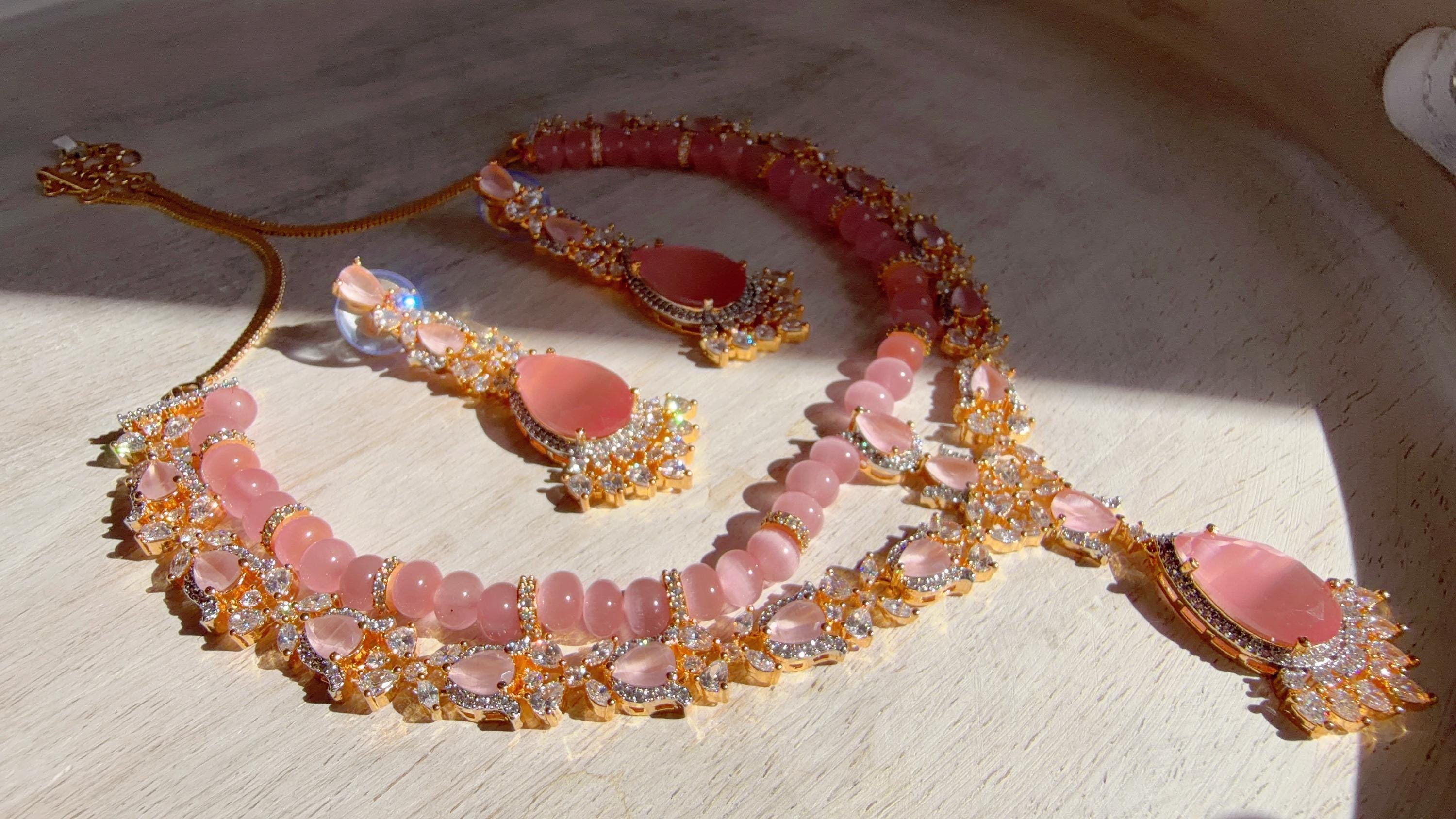 Baby Pink 2 Layer Two-Tone CZ Diamond Necklace Set | Double Strand Bridal Necklace with Matching Earrings - Bella