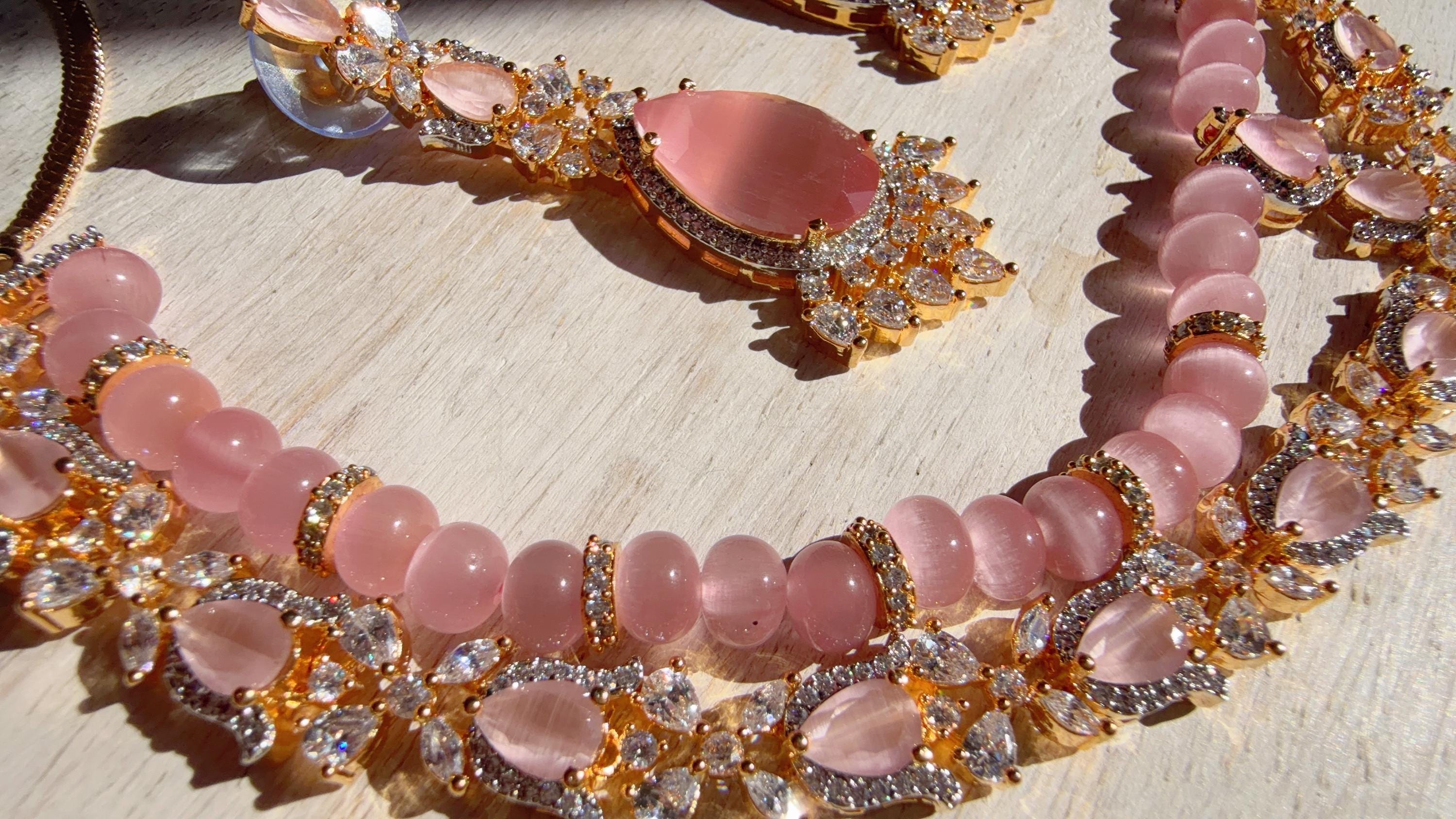 Baby Pink 2 Layer Two-Tone CZ Diamond Necklace Set | Double Strand Bridal Necklace with Matching Earrings - Bella