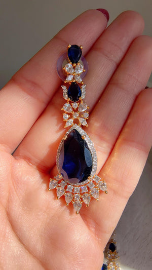 Royal Blue 2 Layer Two-Tone CZ Diamond Necklace Set | Double Strand Bridal Necklace with Matching Earrings - Bella