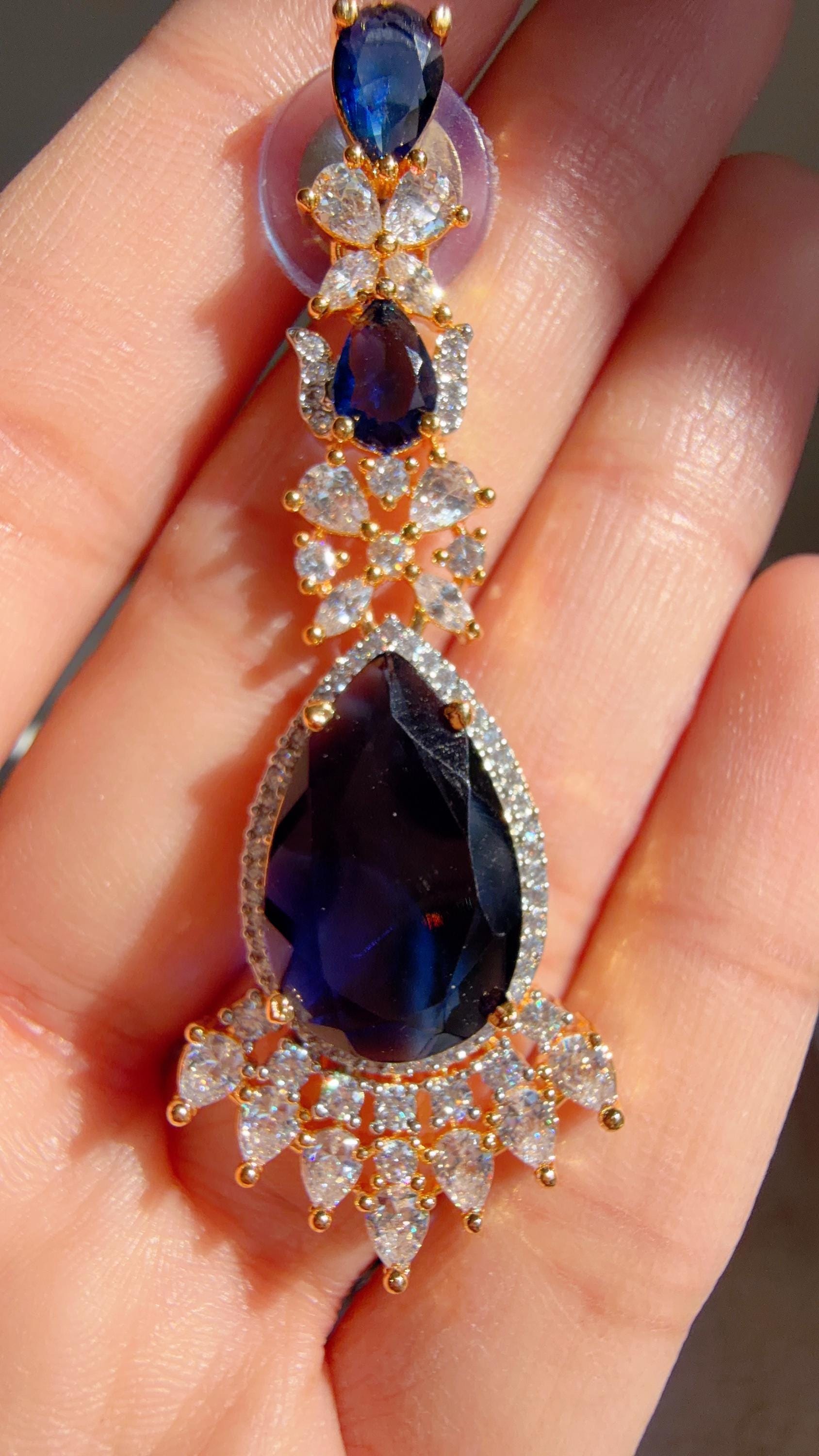 Royal Blue 2 Layer Two-Tone CZ Diamond Necklace Set | Double Strand Bridal Necklace with Matching Earrings - Bella