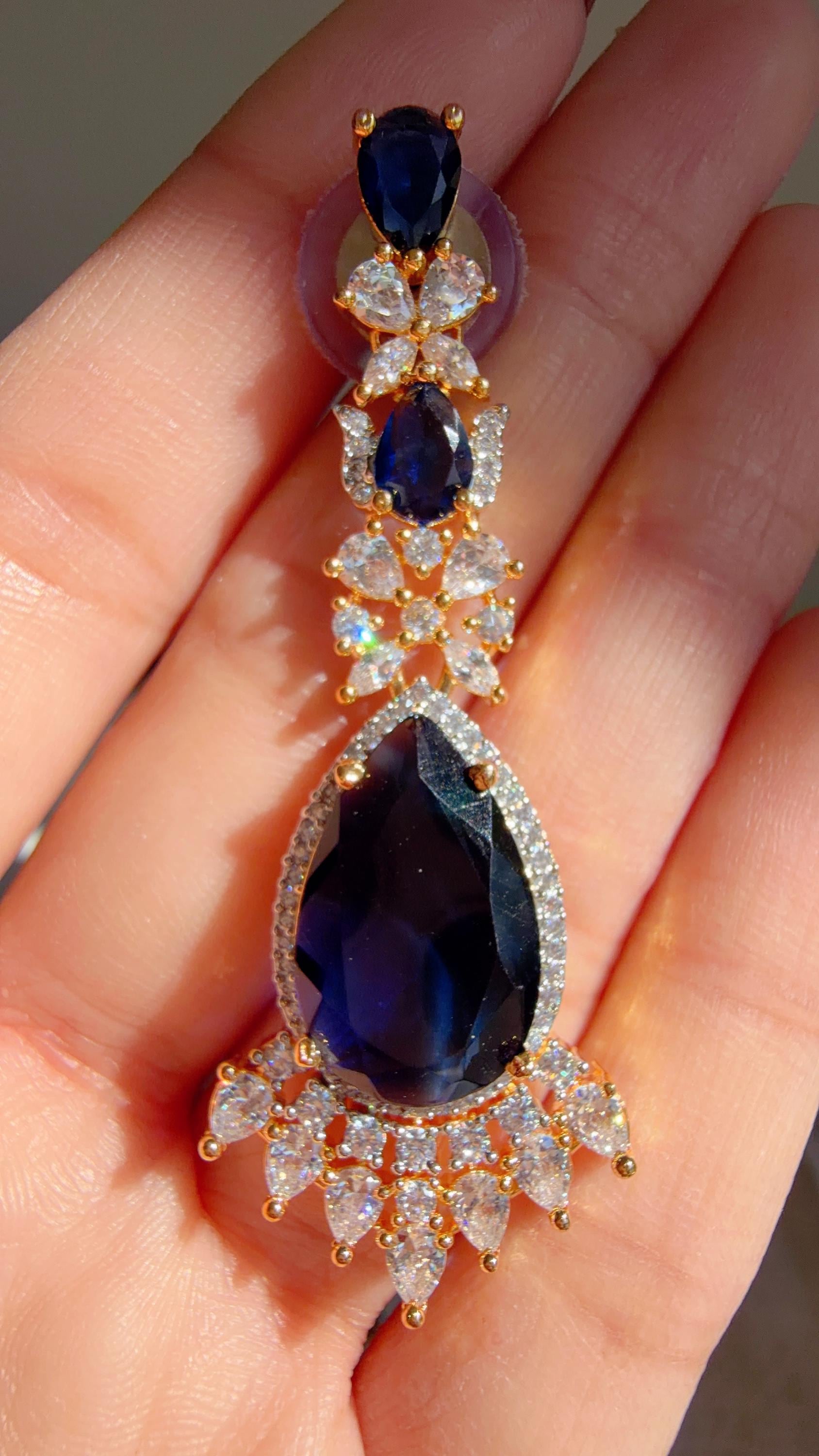 Royal Blue 2 Layer Two-Tone CZ Diamond Necklace Set | Double Strand Bridal Necklace with Matching Earrings - Bella