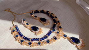 Royal Blue 2 Layer Two-Tone CZ Diamond Necklace Set | Double Strand Bridal Necklace with Matching Earrings - Bella