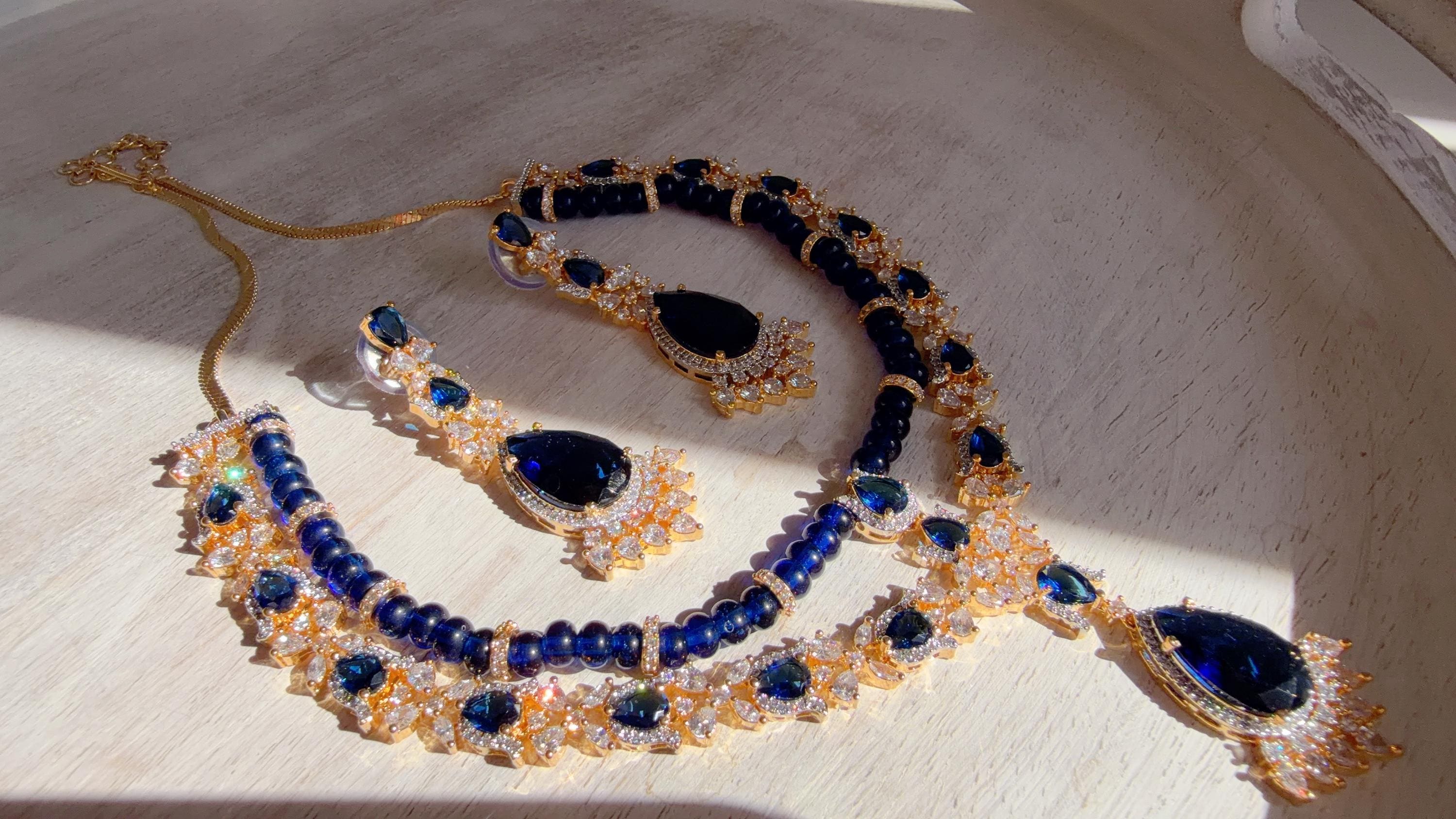 Royal Blue 2 Layer Two-Tone CZ Diamond Necklace Set | Double Strand Bridal Necklace with Matching Earrings - Bella