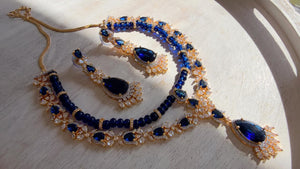 Royal Blue 2 Layer Two-Tone CZ Diamond Necklace Set | Double Strand Bridal Necklace with Matching Earrings - Bella