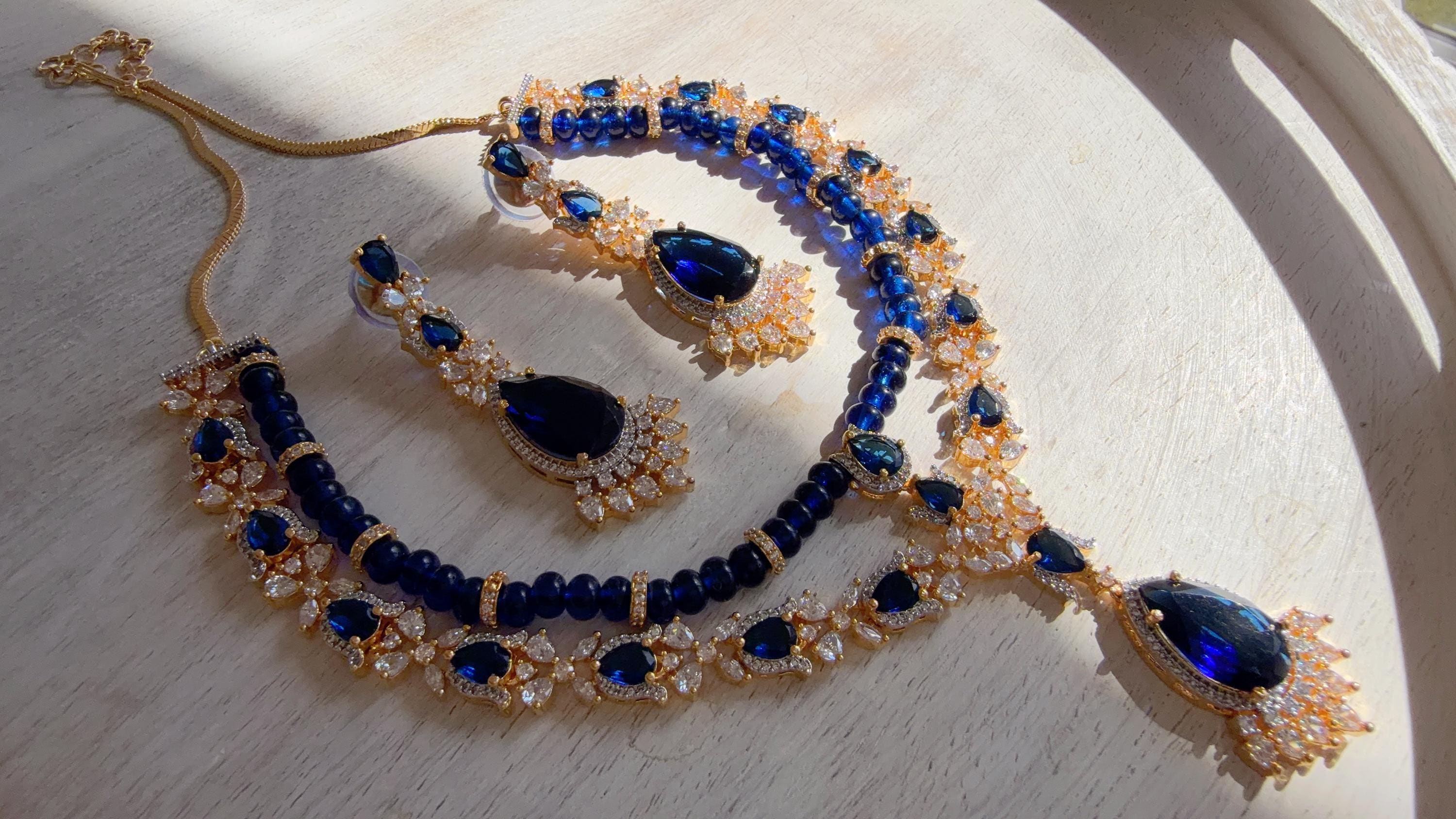Royal Blue 2 Layer Two-Tone CZ Diamond Necklace Set | Double Strand Bridal Necklace with Matching Earrings - Bella