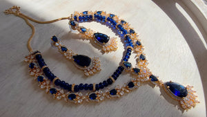 Royal Blue 2 Layer Two-Tone CZ Diamond Necklace Set | Double Strand Bridal Necklace with Matching Earrings - Bella