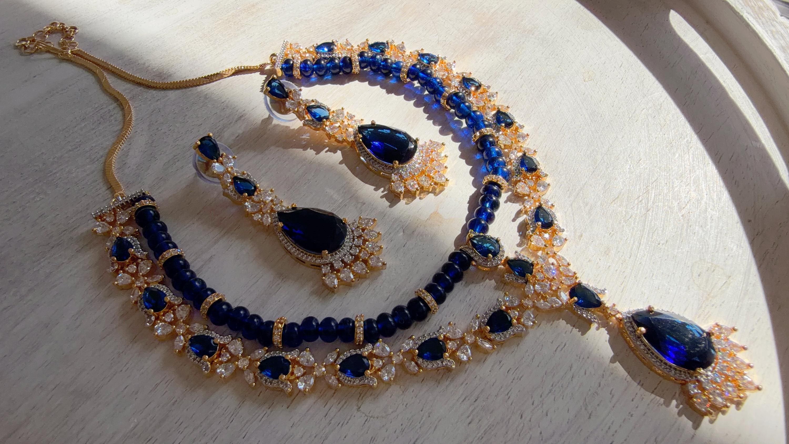 Royal Blue 2 Layer Two-Tone CZ Diamond Necklace Set | Double Strand Bridal Necklace with Matching Earrings - Bella